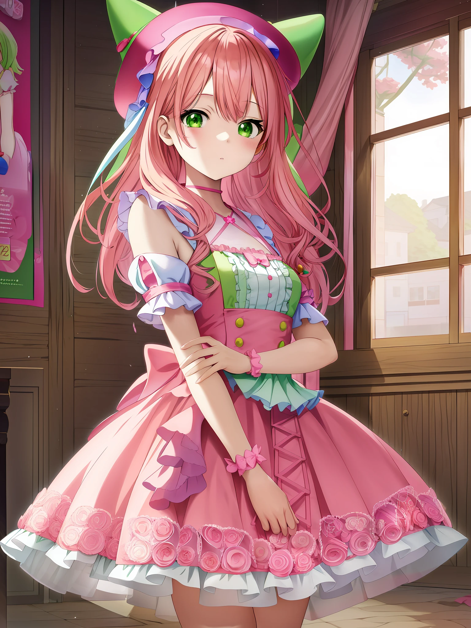 anime girl in a pink dress with a green hat and a pink dress, in dress, splash art anime lolite anime waifu in a nice dress, small curvy loli, re of april, high detailed official artwork, marin kitagawa fanart, cushart krenz key art feminine, anime visual of a cute girl, smooth anime cg art