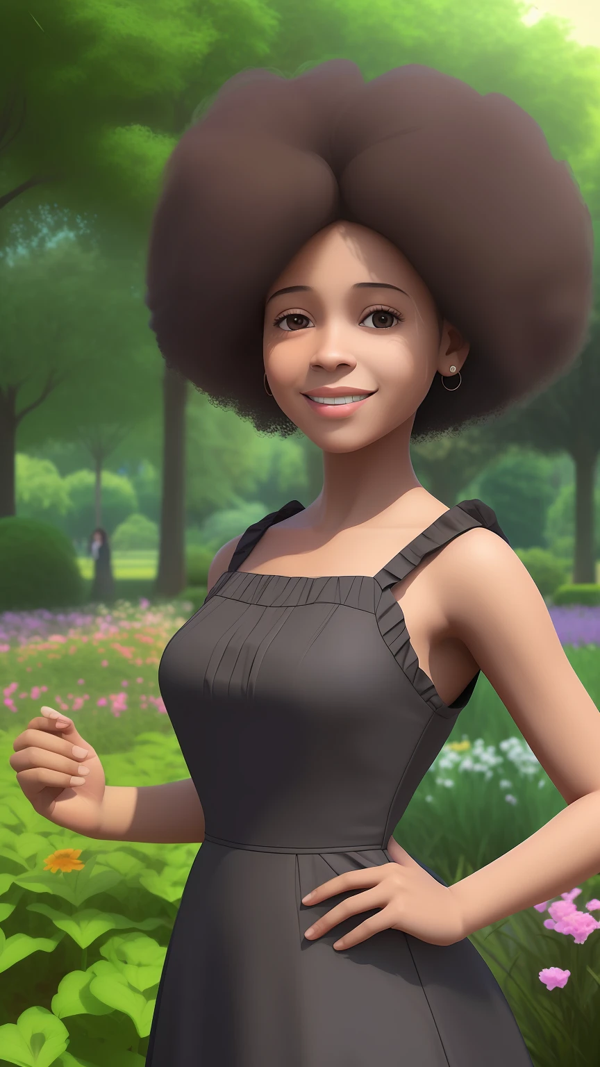 3D a girl is com flores: 1.23, (((solo))), telegram sticker, no parque, creating a soft, long dress female, (((retrato realismo))), girl afro- futurista brown hair, close-up afeições faciais detalhadas, (((sombreamento cinematográfico))), freedom, profile image, standing confidently, she is the center of the garden, smiling face, listing image, 8k, dreams --auto --s2