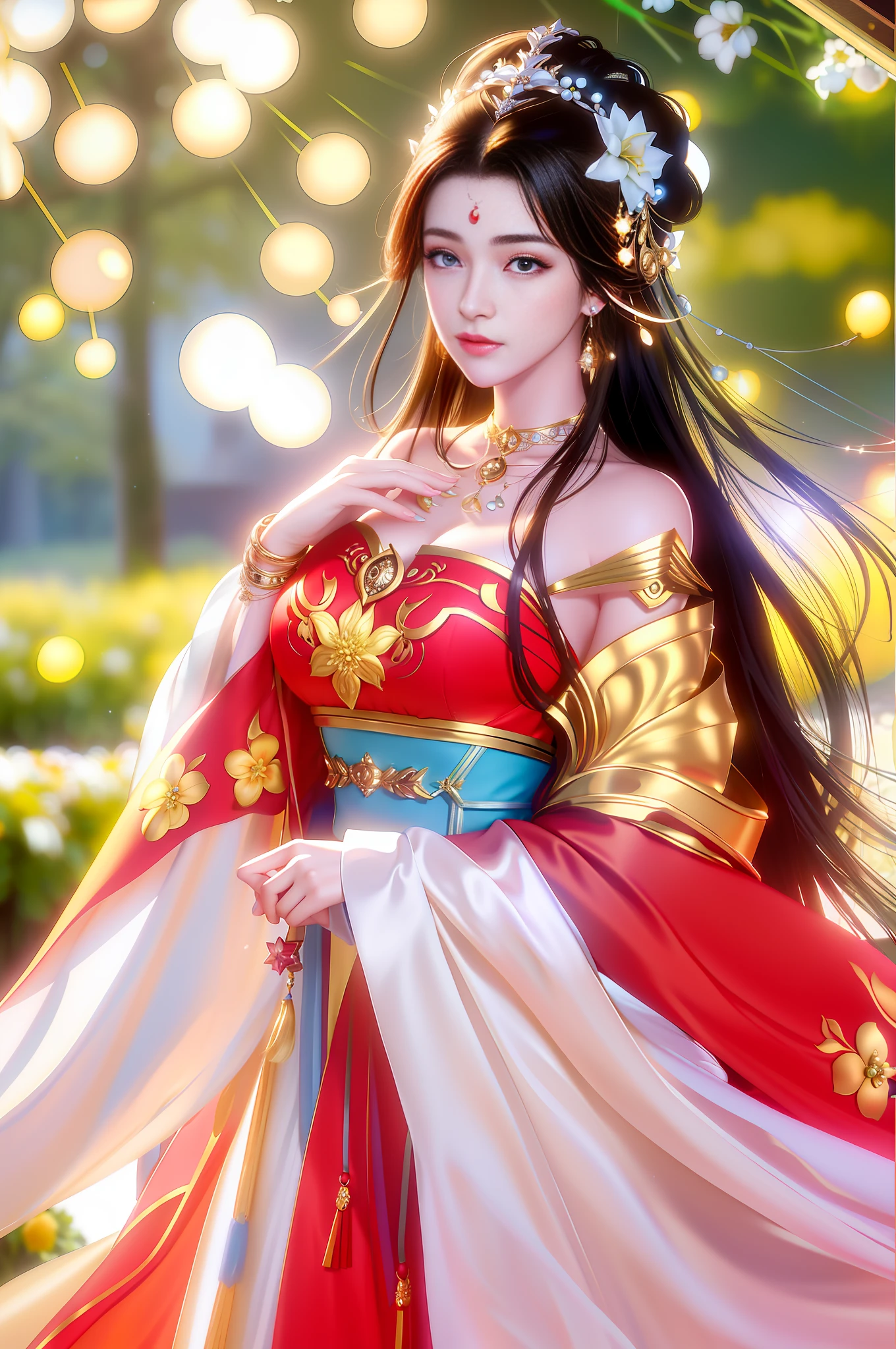 (Masterpiece: 1.0), (Best Quality: 1.4), (Ultra High Resolution: 1.2), (Fine Illustration: 1.4), (8k, RAW Photo: 1.2), (Soft Focus: 1.4), (Sharp Focus: 1.4), (Korea: 1.0), (China: 1.0), (Liu Yifei: 1.3), Ultra-realistic 8k Game CG, Masterpiece, Sunlight, High Quality, Pale Skin, Outrageously Long Brunet, Blue Eyes, Fantasy, Looking at the Audience, Portrait, Film Lighting, Film Bloom, Soft Light , Upper body, Lips, (Masterpiece: 1.4), (Best quality: 1.4), (Shiny skin), Huge breasts, Juice, Puffiness, Large areola, Huge, Round eyes and long hair, symmetrical face, perfect skin, volumetric lighting, stunning environment, highly detailed, ultra-realistic, thick lips, beautiful lips, symmetrical, (yellow skin tone), warm tones, black hair, complex hair accessories, earrings, bracelets, (choker: 1, 3), accessories, hair accessories, big breasts, (flower background ), external shooting,