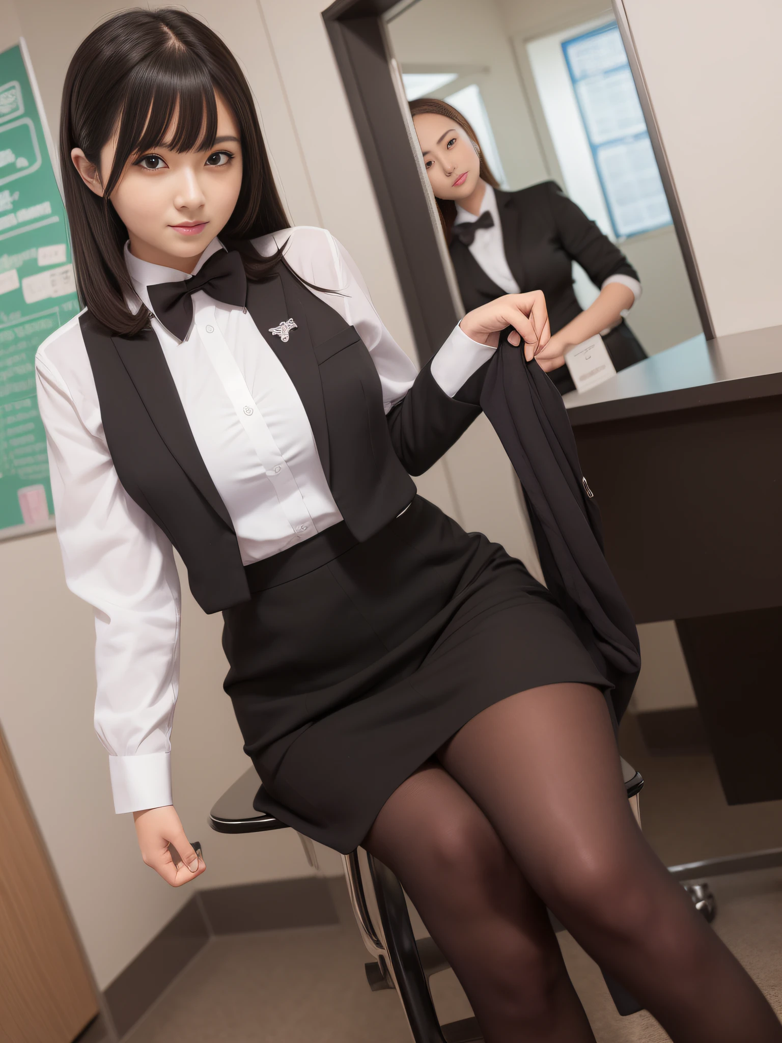 woman in a school uniform with a bow tie, fubuki, attractive woman, woman wearing a black dress, ecchi, beautiful high school girl, seductive woman, beautiful woman, pretty woman, anime woman, full body, {1 woman},