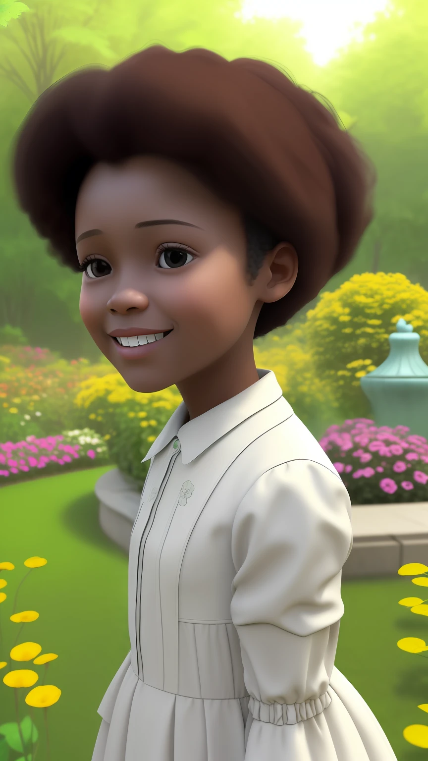 3D a little girl is com flores: 1.23, (((solo))), telegram sticker, no parque, creating a soft, long dress female, (((retrato realismo))), girl afro- futurista brown hair, close-up  afeições faciais detalhadas, (((sombreamento cinematográfico))), freedom, profile image, standing confidently, she is the center of the garden, smiling face, listing image, 8k, dreams --auto --s2