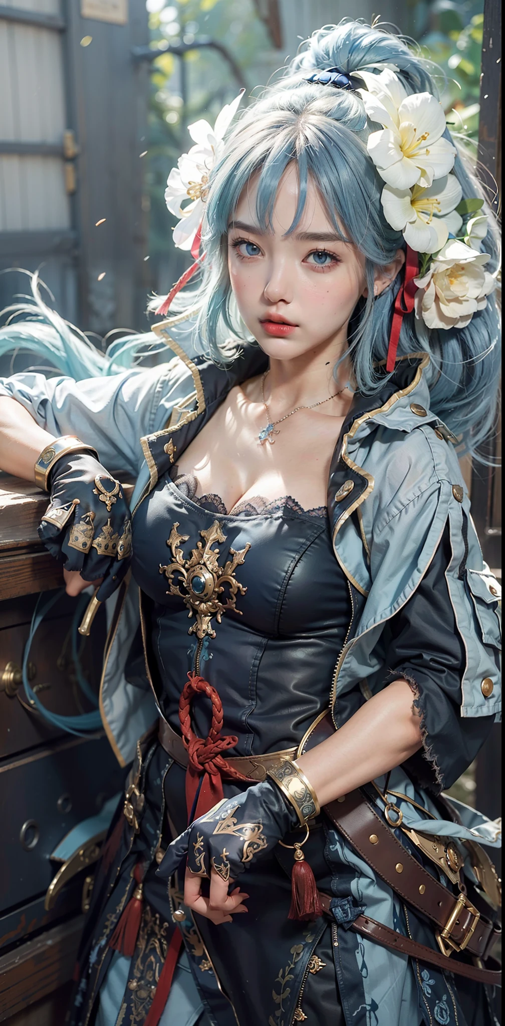 Best quality, masterpiece, big boobs, (large breasts), detailed skin texture, detailed cloth texture, detailed face, super detail, 8k, intricate detail, 1girl, pretty lips, blue hair