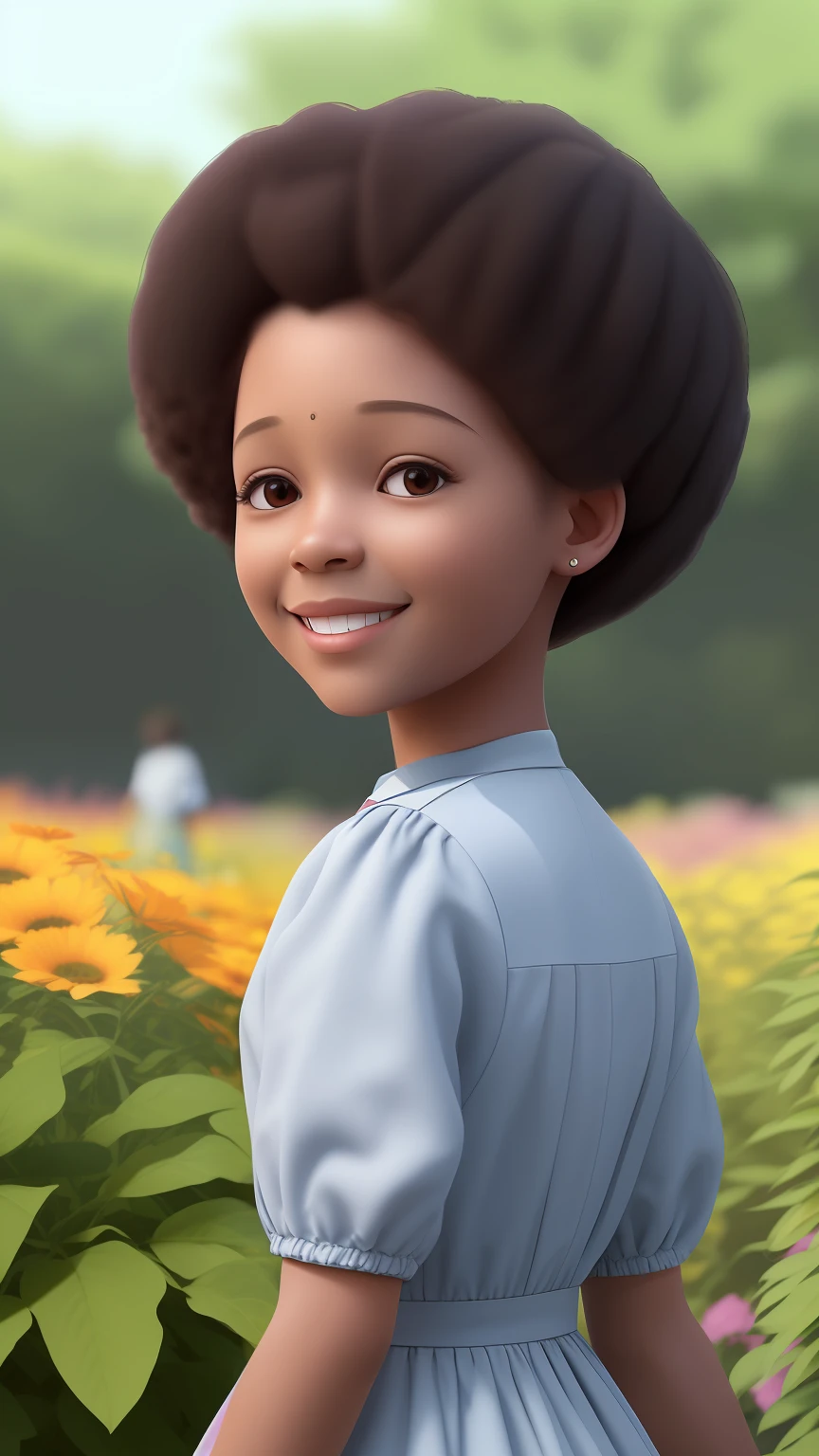 3D a little girl is com flores: 1.23, (((solo))), telegram sticker, no parque, creating a soft, long dress female, (((retrato realismo))), girl afro- futurista brown hair, close-up  afeições faciais detalhadas, (((sombreamento cinematográfico))), freedom, profile image, standing confidently, she is the center of the garden, smiling face, listing image, 8k, dreams --auto --s2