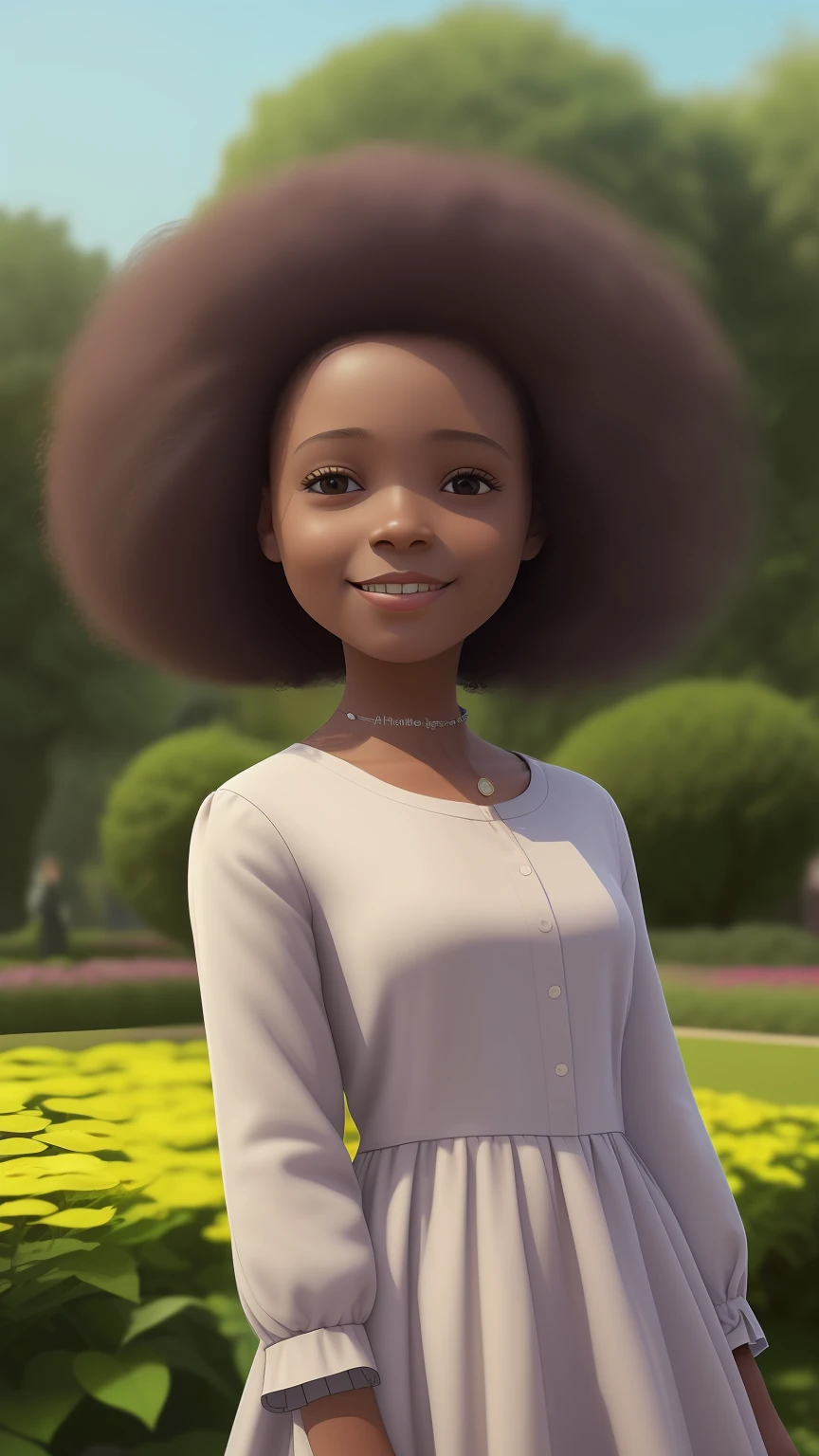 3D a girl is com flores: 1.23, (((solo))), telegram sticker, no parque, creating a soft, long dress female, (((retrato realismo))), girl afro- futurista brown hair, close-up afeições faciais detalhadas, (((sombreamento cinematográfico))), freedom, profile image, standing confidently, she is the center of the garden, smiling face, listing image, 8k, dreams --auto --s2