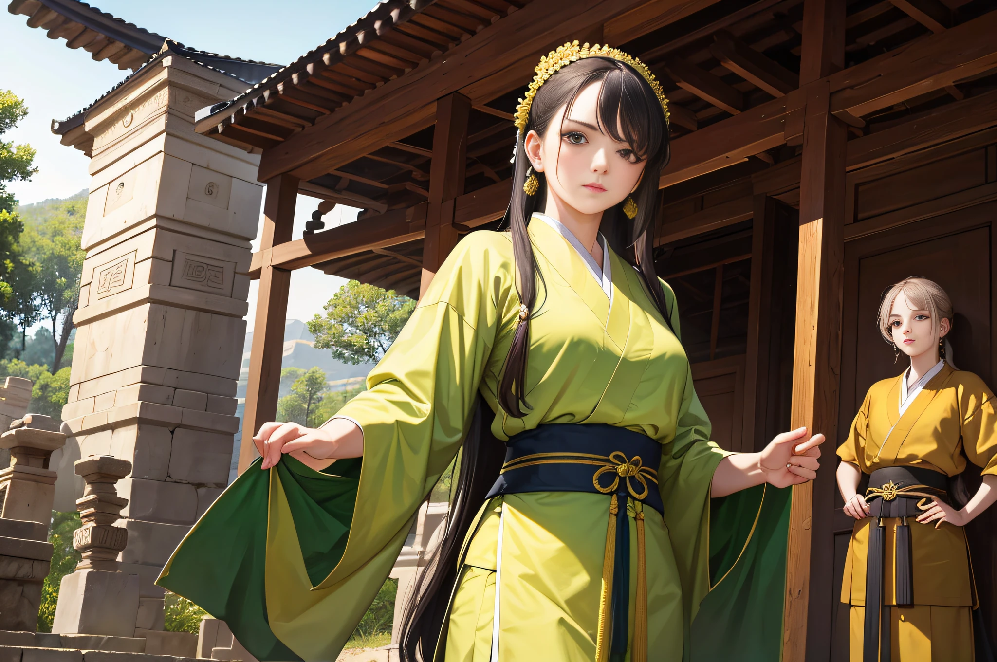 Masterpiece, top quality, best quality, beauty and aesthetics: 1.2) Antique style picture, a woman, 16 years old girl, close-up, standing, watching, no movement, looking into the distance, beautiful, green martial arts clothes, ancient style, martial arts style, Chinese martial arts. Outdoor, super large, martial arts training ground, gathering many people, ancient style.