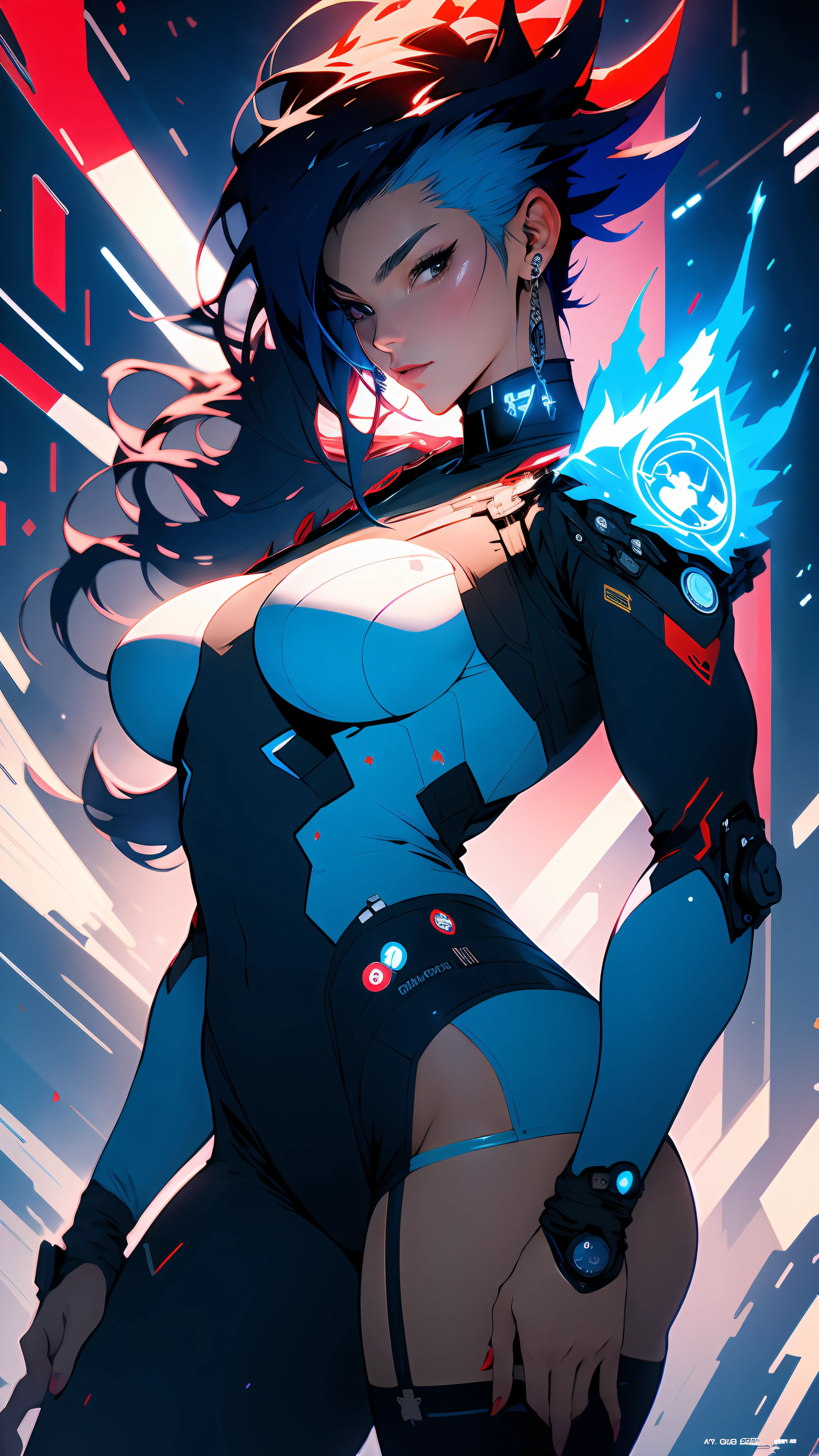 ((Best quality)), ((masterpiece)), (detailed: 1.4), Absurd, Korean female fighter pilot ready for war, muscular body defined, half-thick bare thighs, mouth closed, only in panties, muscular body parts covered by traditional Korean but technological clothing, tiara with horns ((medium breasts)) perfect, generous neckline, ((Blue outfit with a red and blue yin-yang)), Korea, pastel,  black and colored mohawk hair straight straight very short and heavy bangs covering the whole forehead, a robotic arm, oriental eyes pulled, short underwear, garter belt, by mucha, niji --V5, close to real, best quality, almost naked, psychopath, crazy face, sexy pose, 2 piece clothes, lightning drawings on the arms, cyberpunk, airplane wings on the back,  Eastern flame shoulder pad, Blue clothing, Red white, Korea symbol, Pointed shoulder pads, Pulled black eyes without pupils, HDR (High Dynamic Range),Ray Tracing,NVIDIA RTX,Super-Resolution,Unreal 5,Subsurface dispersion, PBR texture, Post-processing, Anisotropic filtering, Depth of field, Maximum clarity and sharpness, Multilayer textures, Albedo and specular maps, Surface shading, Accurate simulation of light-material interaction,  Perfect Proportions, Octane Render, Two-Tone Lighting, Wide Aperture, Low ISO, White Balance, Rule of Thirds, 8K