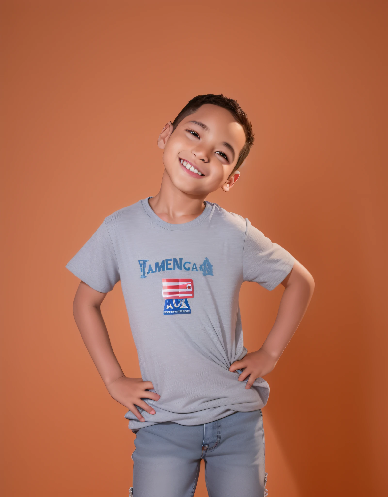 arafed boy in a gray shirt and blue jeans posing for a picture, official product photo, young boy, american man, american total portrait, kid, cute boy, official product image, mid shot portrait, small wide smile, inspired by Americo Makk, casual photography, happy kid, 7 0 mm portrait, portrait mode photo, by Abidin Dino