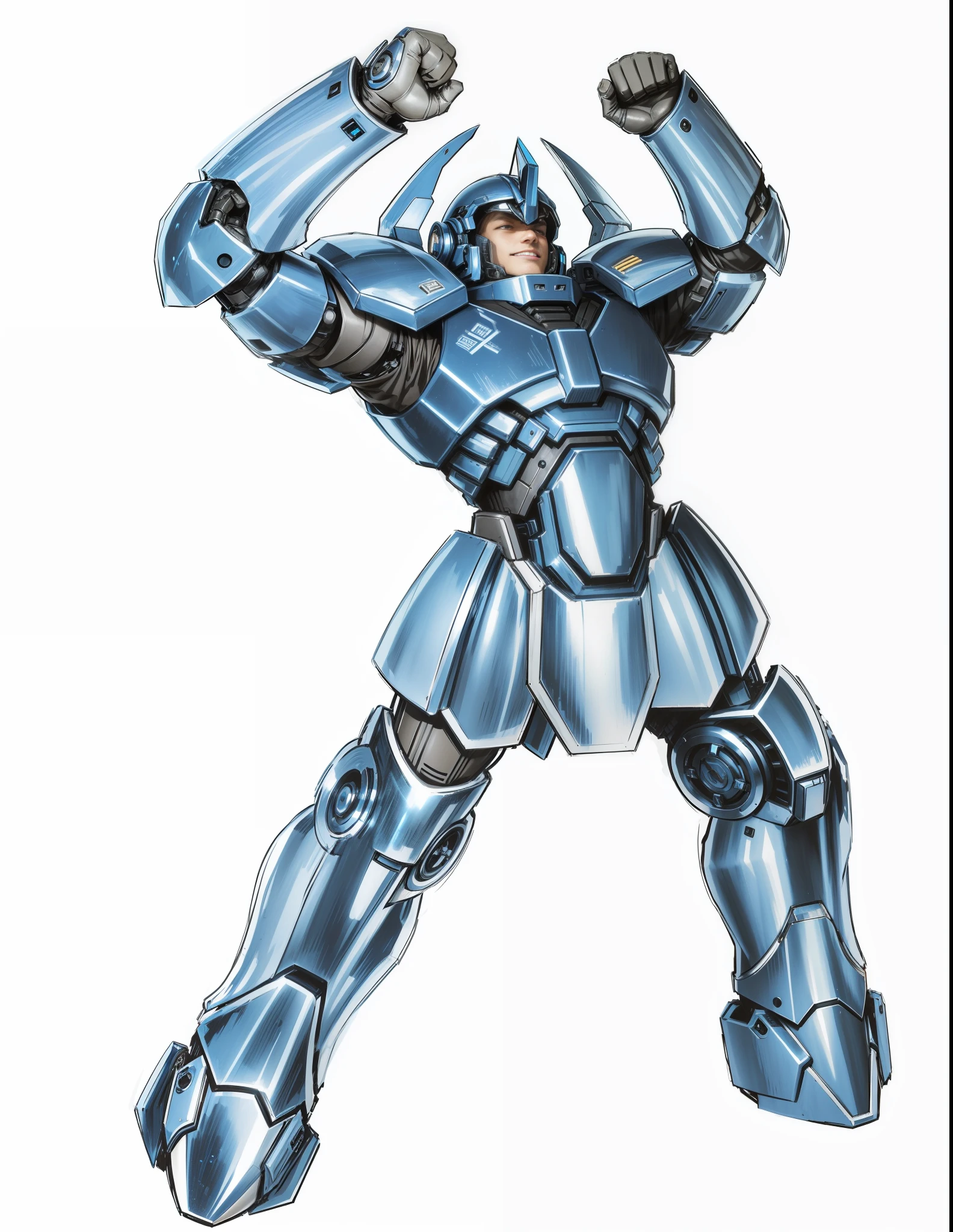 A boy in a mecha, blue mech, big man, helmet, metallic texture, strong sense of technology, brown uniform, evil smile, contrasting lighting, fighting action, white background, HD, perfect fingers,