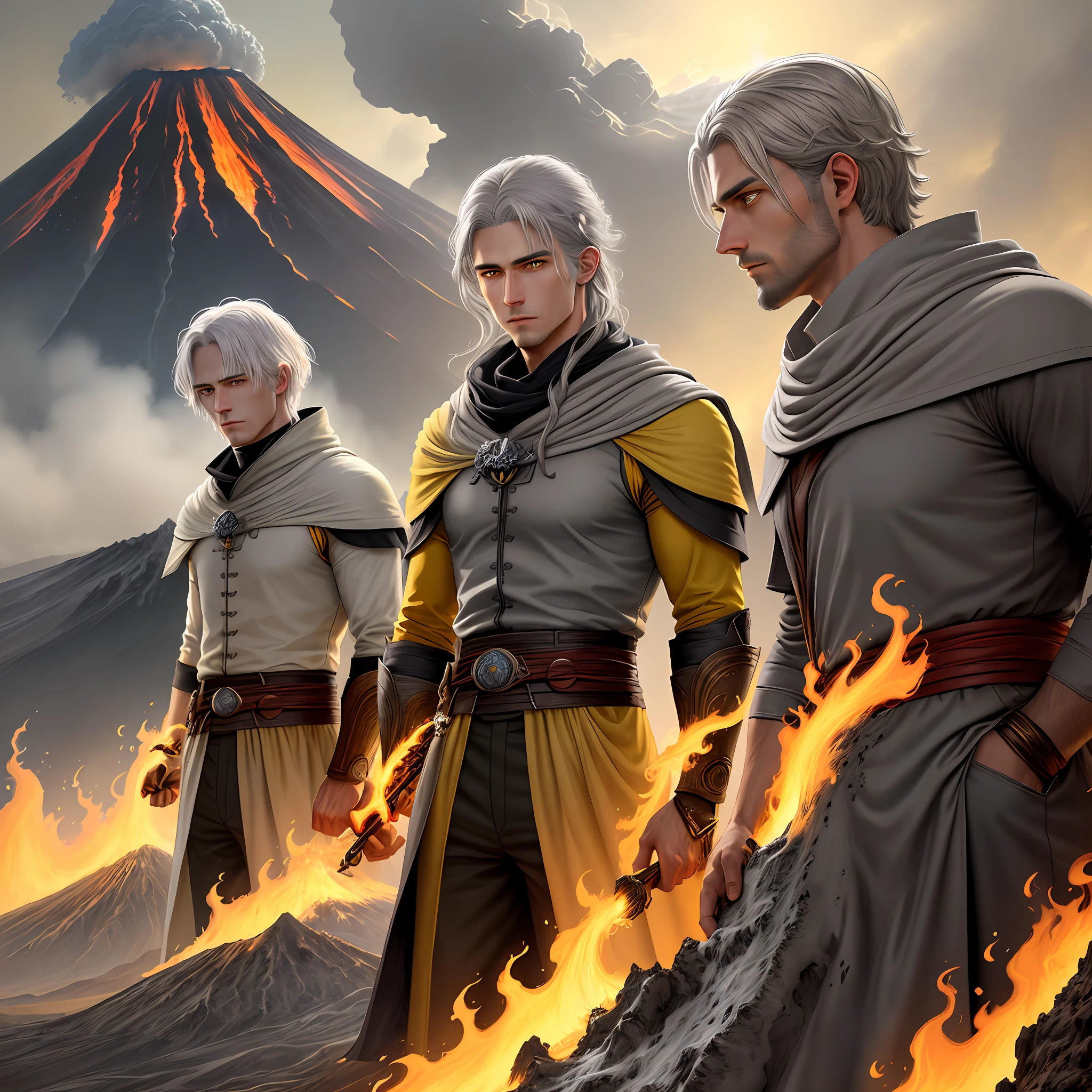 Drawing, fantasy, realism, high detail, quintet of men (detailing), ((with light gray hair)) (hair detailing), ((yellow eyes)), (face detailing), (clothing detailing), standing at an erupting volcano (volcano detailing), (nature detailing), 8kk