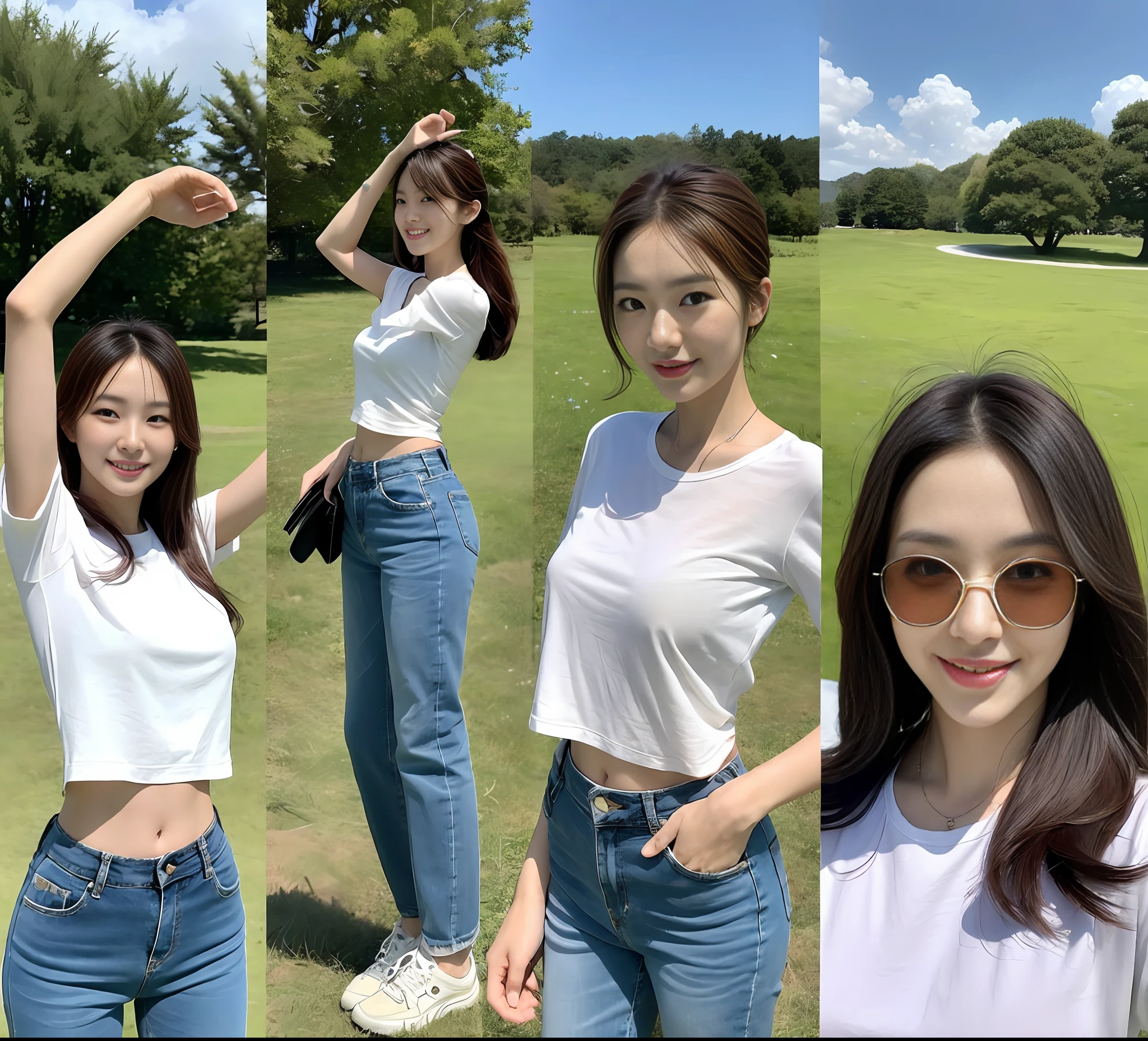 3 Korean women dancing on the grassland, 1.65 meters tall, (masterpiece, beautiful people, smile), Virtual YouTube, but their eyes are firm and hopeful, behind them is a blue sky, some ponytail, some wearing sunglasses, fringed heads, shorts, long pants, detailed skin texture, detailed cloth texture, exquisite and detailed face, intact hands, masterpiece, slender waist, slim body, slim body, camera shot from bottom to top, hands on the back, hat