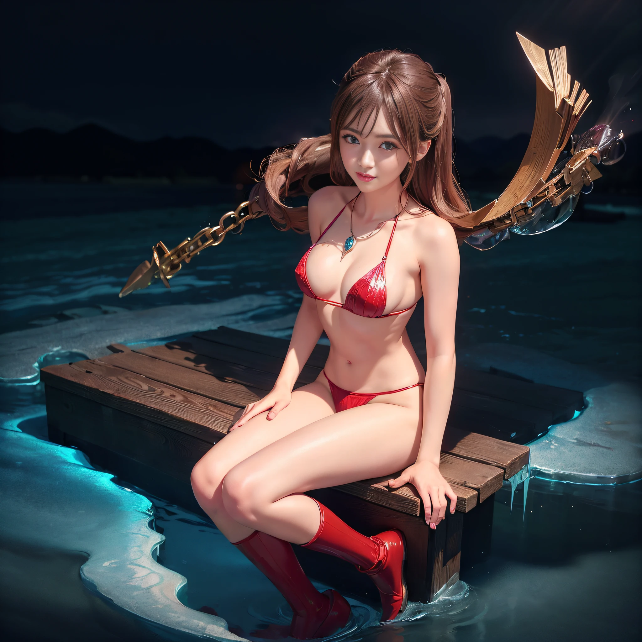 ((masterpiece)), 4k, beautiful (((Japanese cute idle))), ((best quality)), professional lighting, highres, 35 mm lens, f 1/1.4, 18 years old, blonde streaked braid hair, round face, short neck, supergirl, (looking at viewer), (detailed face:1.2), (red sparkly plunk lips:1.1), realistic painting, intricate, (realistic eye:0.9), (realistic painting:0.9), beautiful shine blue eyes, (flat chest:0.8), ((small breasts)), smile, embarrassed, strong morning backlight, clean nasal bridge, frozen, soft tits, (sparkly red bikini with loose front opening:1.1), (bound and crucified with mass of chains made of crystal:1.2), bathing on the beach, (erotic:0.8), raise one arm, golden bracelets, red boots, (many small fine ice crystals:1.1), (wonder woman:0.6), ribs are faintly visible, (much water dancing in the air:1.3), old harem, (shiny skin:1.1),