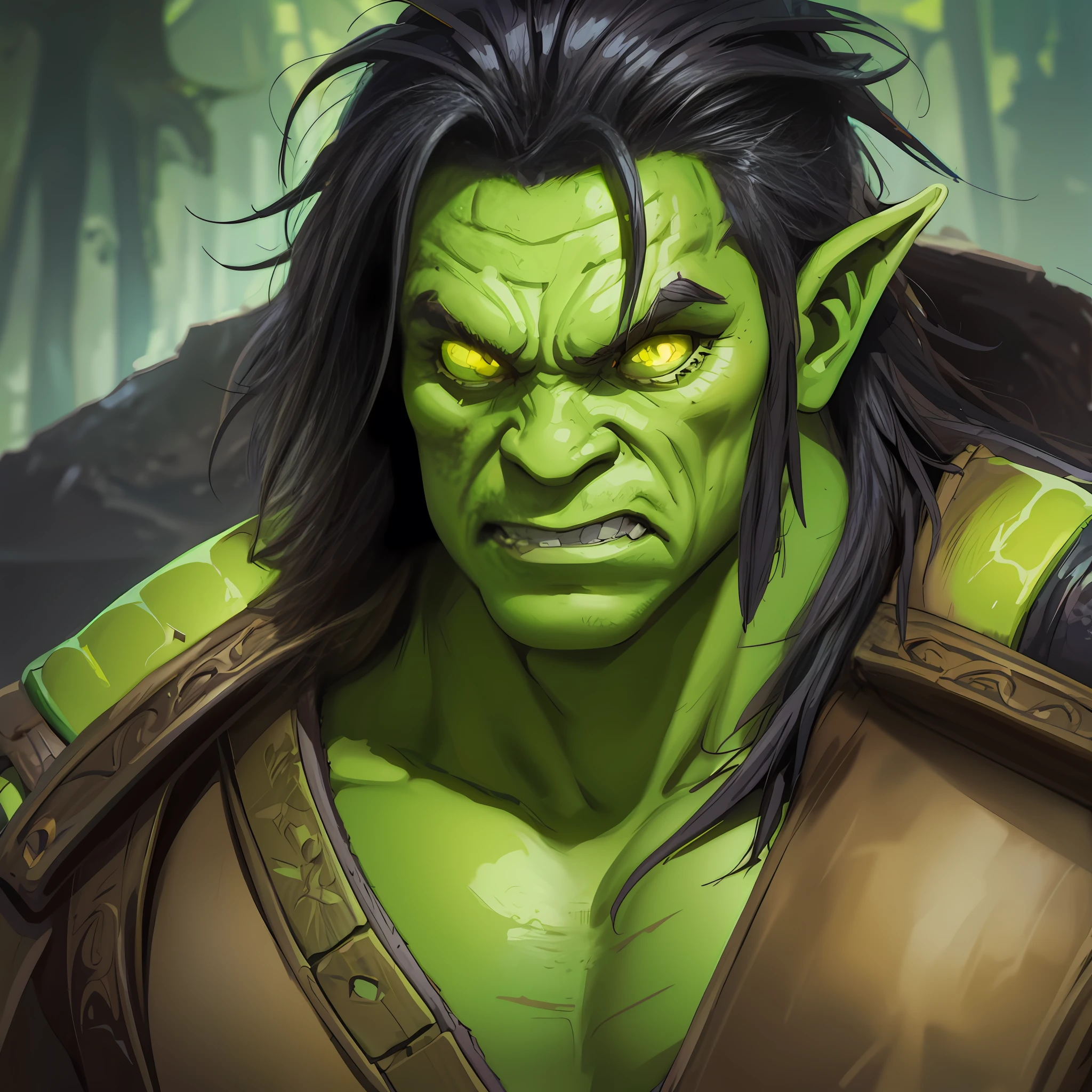 Vector Art, A close-up of a man with a green face and long hair, World of Warcraft art style, portrait of an orc, Hearthstone card art, Hearthstone card game illustrations. ", Fantasy Hearthstone art style, in Hearthstone art style, Hearthstone card illustrations, Portrait of an Ork, Portrait of an Orc Warrior, Blizzard Hearthstone Concept Art, Hearthstone Concept Art, Warcraft Character, Blizzard Warcraft Artwork