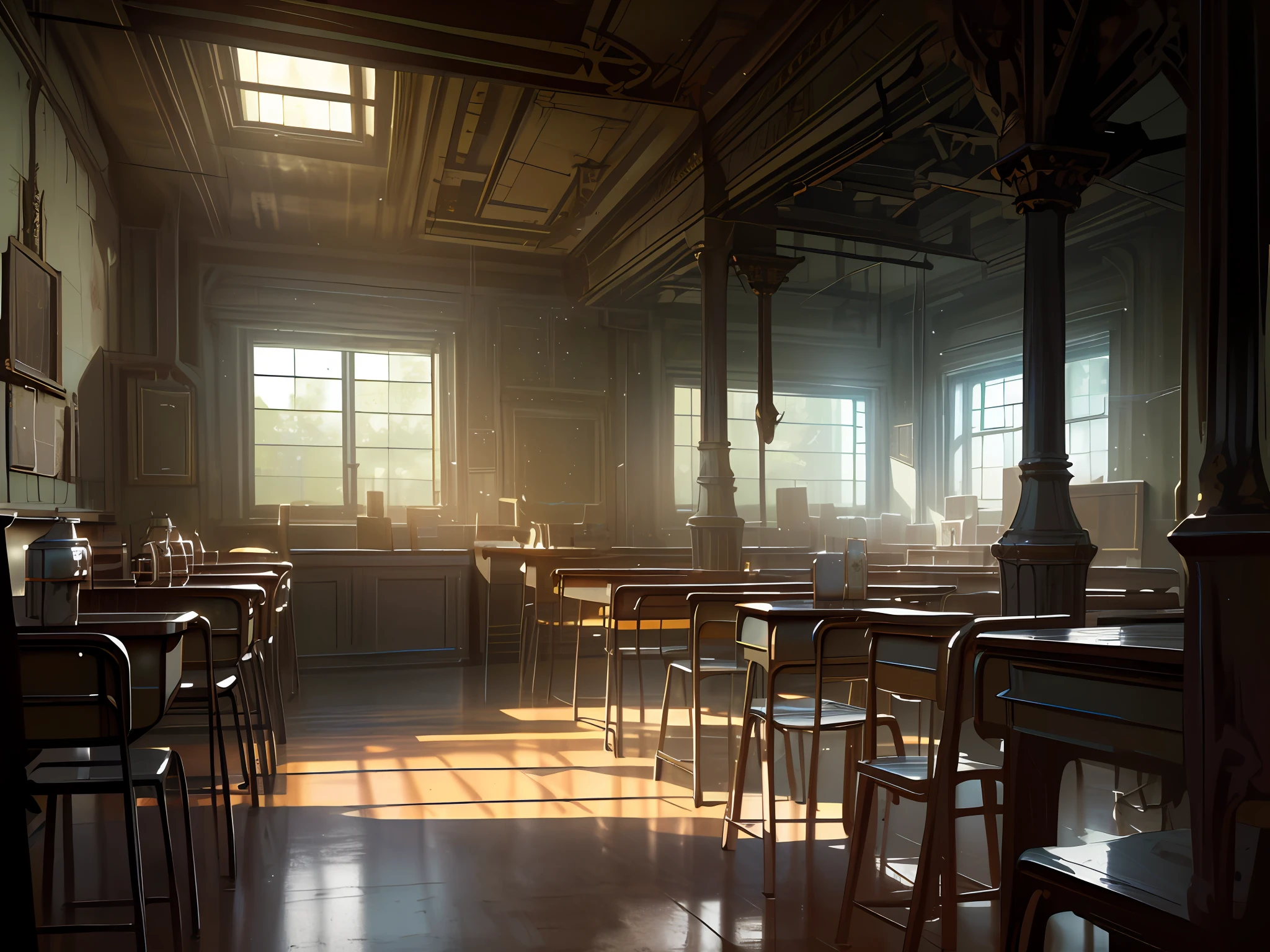 (realistic:1.2), (best quality:1.4), (masterpiece:1.2), (ultra highres:1.2), (photorealistic:1.4), (8k, RAW photo:1.2), professional lighting, photon mapping, radiosity,physically-based rendering, detailed, there is a classroom with a large island and a bar, mysterious classroom, stylized urban fantasy artwork, lovecraftian atmosphere, interior background art, fantasy alchemist classroom, eerie nostalgic concept art, illustration concept art, dark classroom of an art student, magic classroom background, in a darkly lit classroom, photorealistic dark concept art, concept art digital illustration, school theme, school,