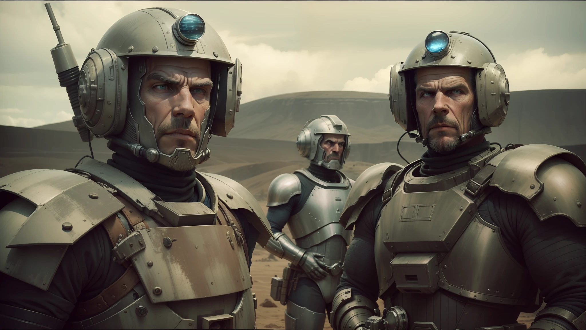 there are two men in armor standing next to each other, from doctor who series, muttonchops, large planets in the background, grey rubber undersuit, cinematic color grading, ron perlman, three heads, characters from machinarium, corrected faces, denmark, 3 heads, cinematic photograph, by Wes Anderson, miners, colony