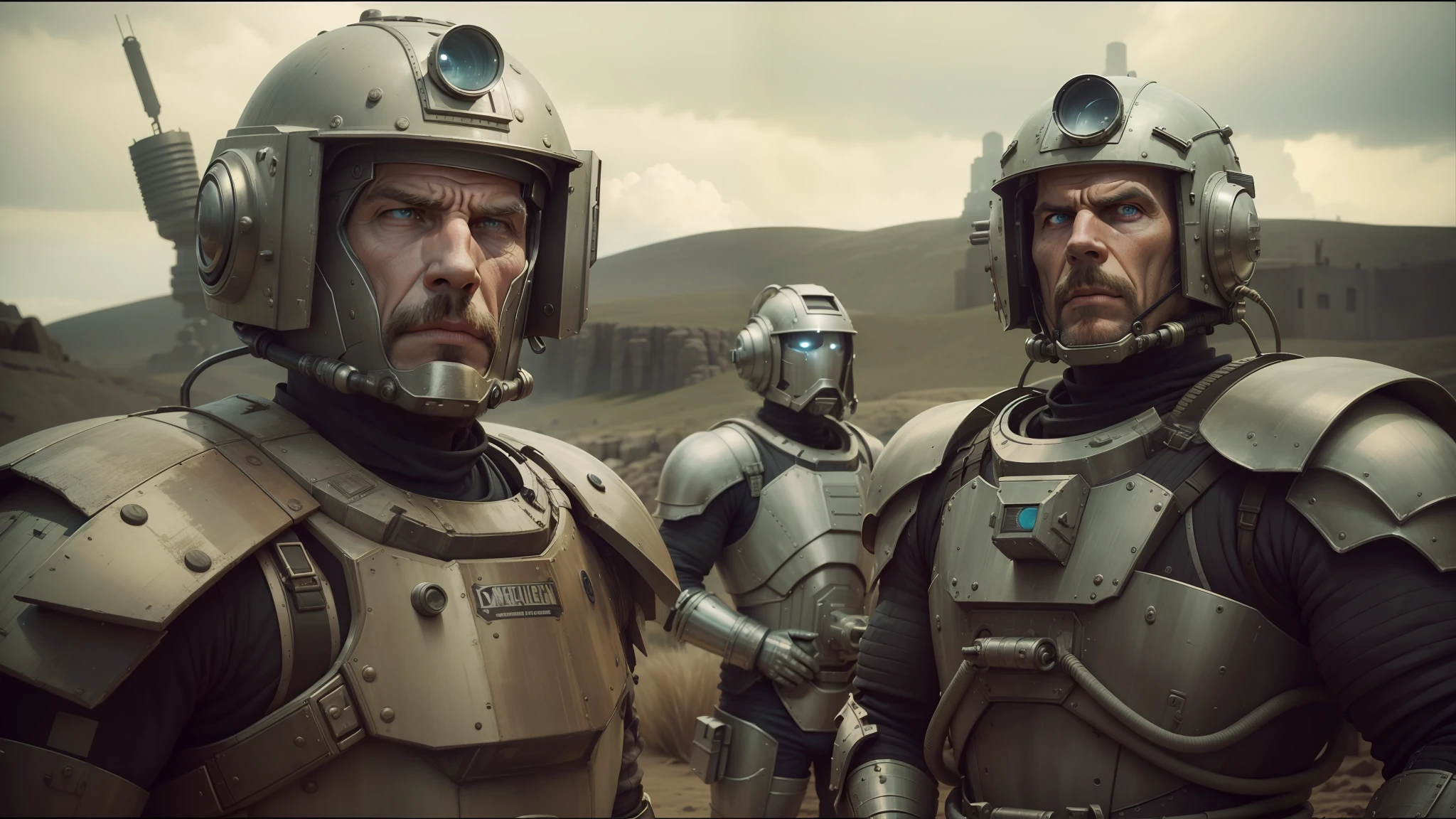 there are two men in armor standing next to each other, from doctor who series, muttonchops, large planets in the background, grey rubber undersuit, cinematic color grading, ron perlman, three heads, characters from machinarium, corrected faces, denmark, 3 heads, cinematic photograph, by Wes Anderson, miners, colony