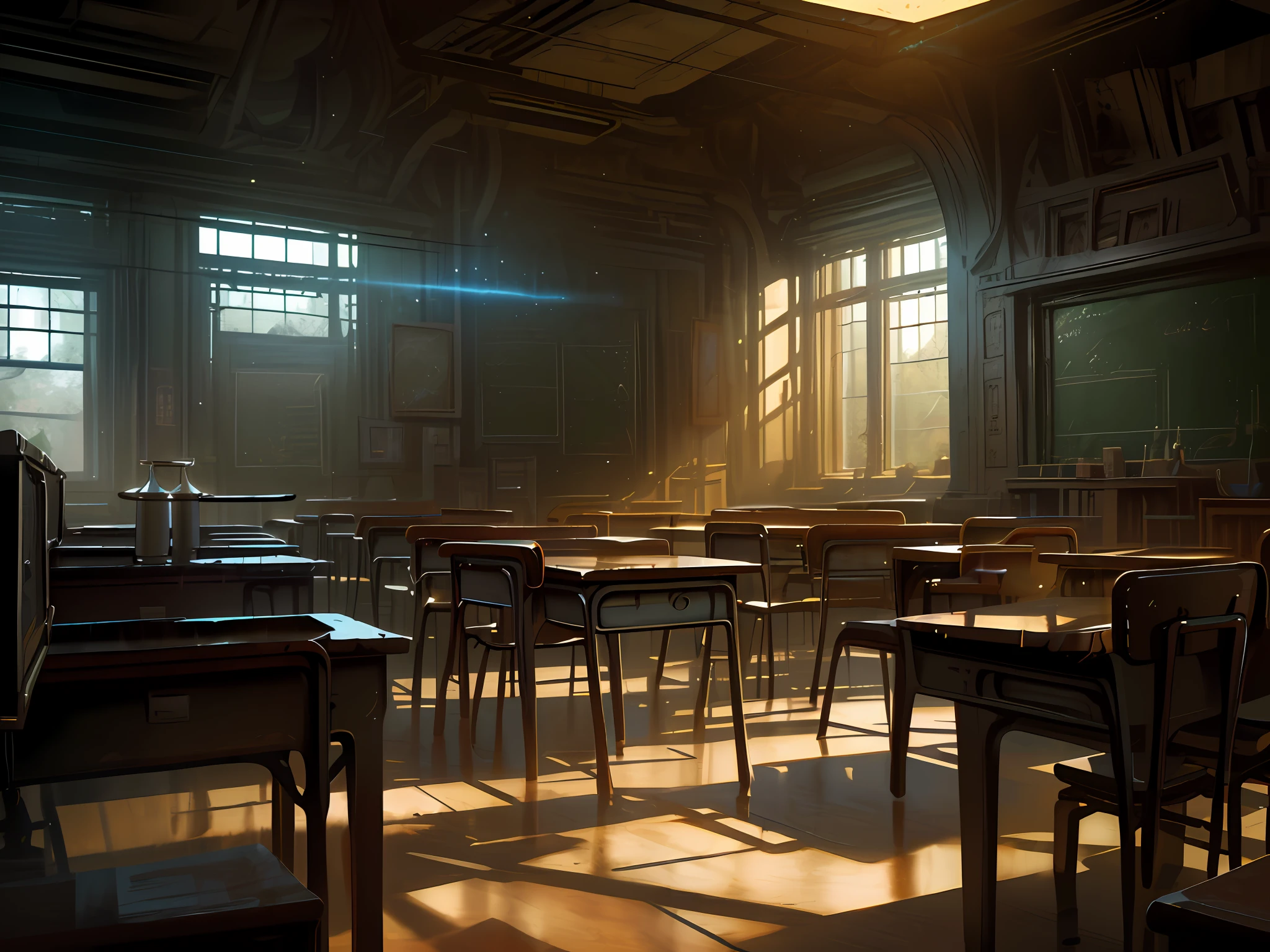 (realistic:1.2), (best quality:1.4), (masterpiece:1.2), (ultra highres:1.2), (photorealistic:1.4), (8k, RAW photo:1.2), professional lighting, photon mapping, radiosity,physically-based rendering, detailed, there is a classroom with a large island and a bar, mysterious classroom, stylized urban fantasy artwork, lovecraftian atmosphere, interior background art, fantasy alchemist classroom, eerie nostalgic concept art, illustration concept art, dark classroom of an art student, magic classroom background, in a darkly lit classroom, photorealistic dark concept art, concept art digital illustration, school theme, school,