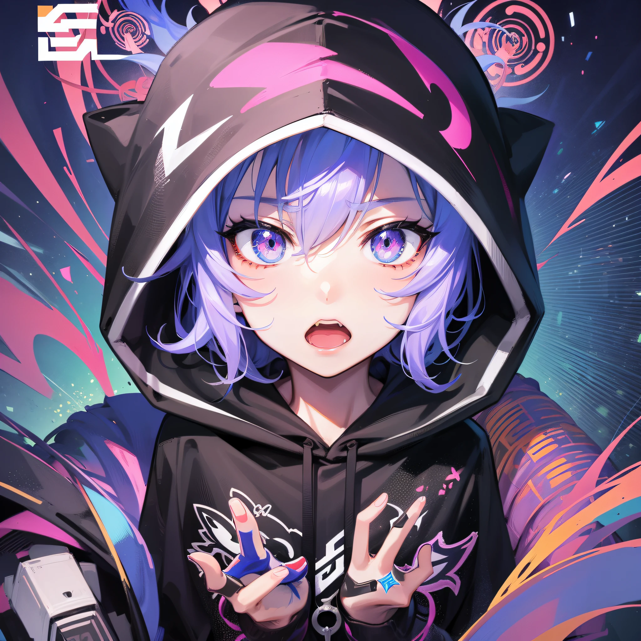 Boy in hoodie, index finger to mouth, facing camera, upper body, tiger sticker, key anime art, projectile on broken digital art, anime art wallpaper 8K, anime style 4K, badass anime 8K