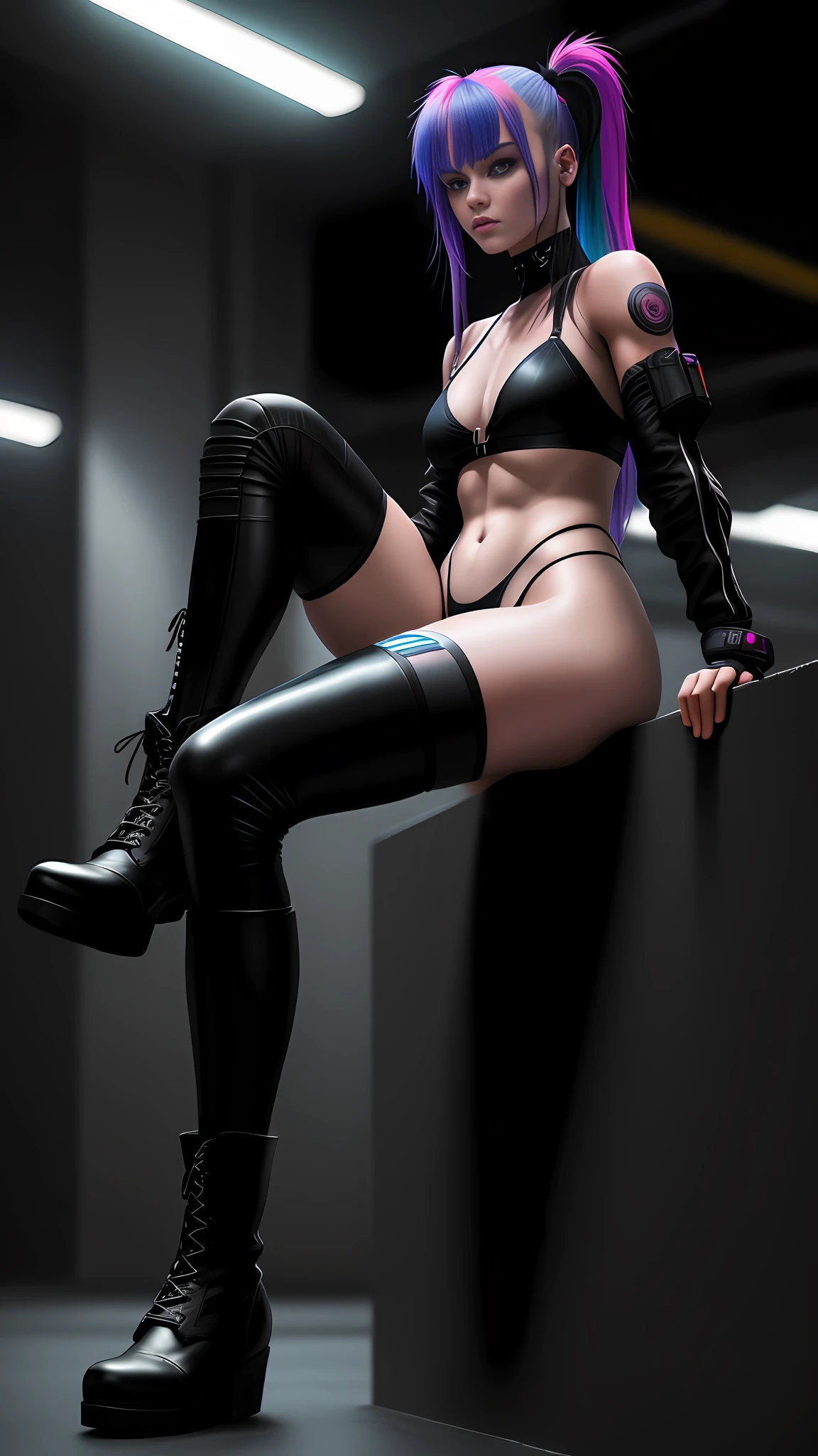 Beautiful European girl colored hair, sitting spread leg, wearing small tiny black silk thong, thigh high black socks, high combat military neon boots, muscular, cyberpunk style