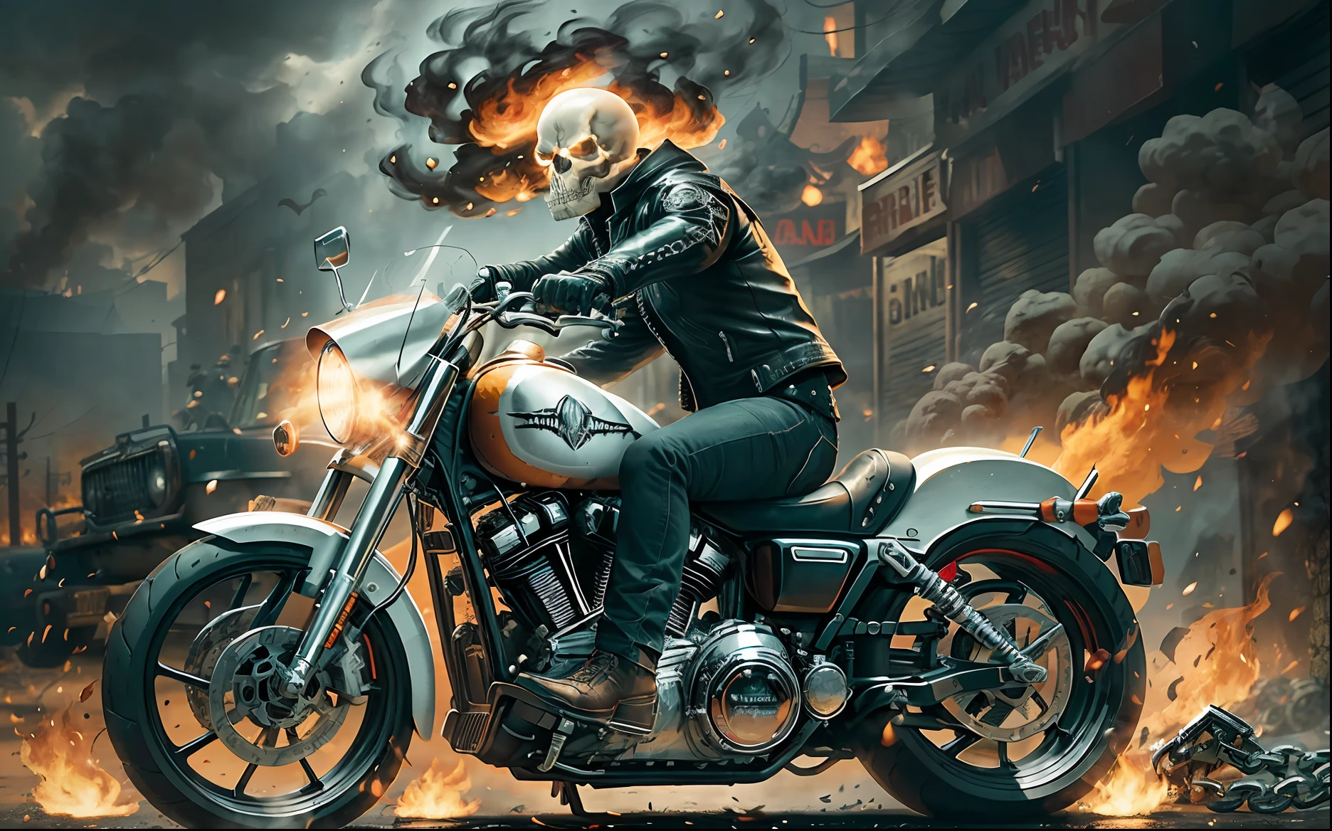 Create a realistic image of Ghost Rider on his Harley Davidson in high resolution, with chains and fire in a chaotic environment. Make sure the image captures the scene realistically and authentically, with details like the motorbike, the Ghost Rider with his perfect flaming skull-shaped head, the chains and the fire. Use a vibrant, contrasting color palette to make the image stand out and make it more appealing. Add textures and details to make the image more realistic, such as smoke and debris in the environment. Make sure the resulting image looks realistic and detailed." —c 10 —ar 2:3 --auto --s2