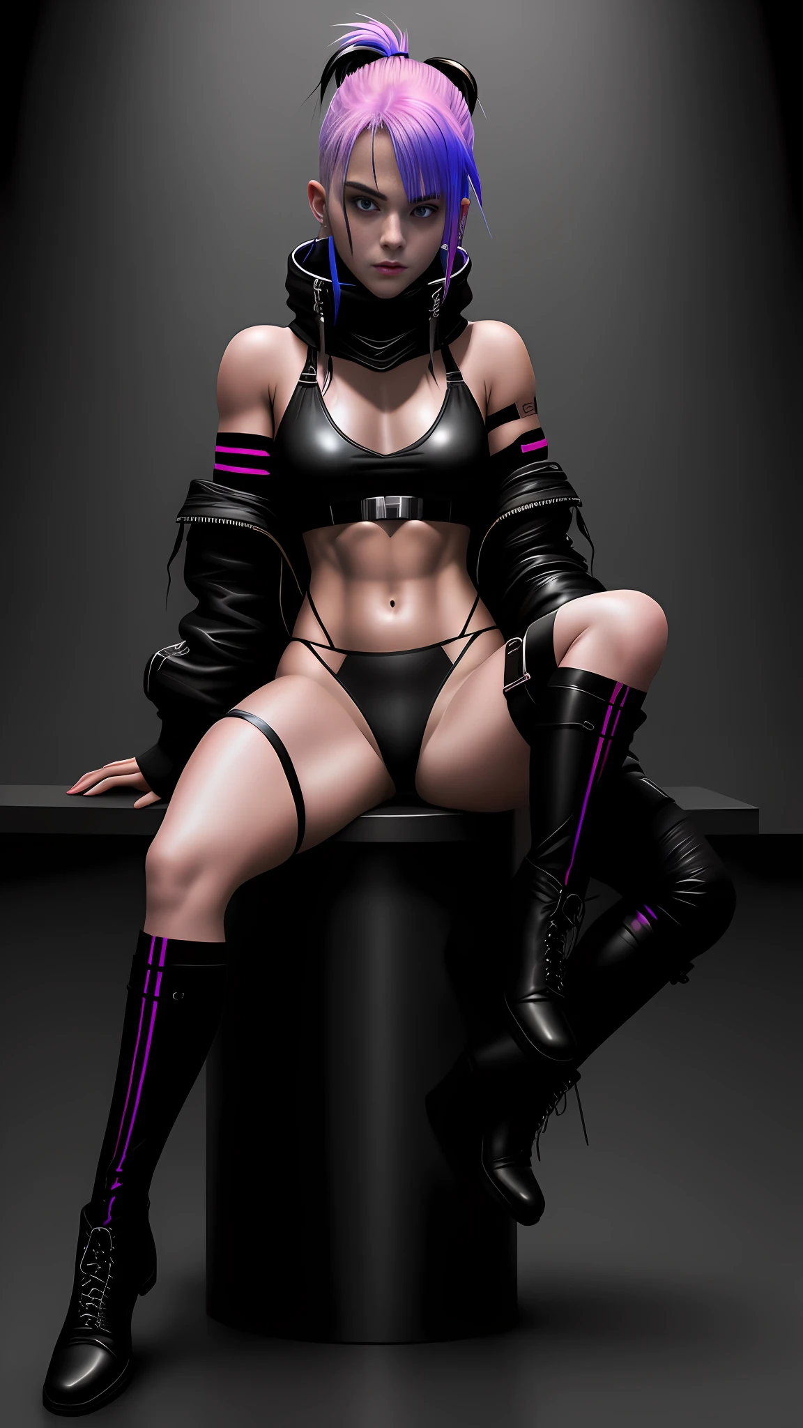 Beautiful European girl colored hair, sitting spread leg, wearing small tiny black silk thong, thigh high black socks, high combat military neon boots, muscular, cyberpunk style