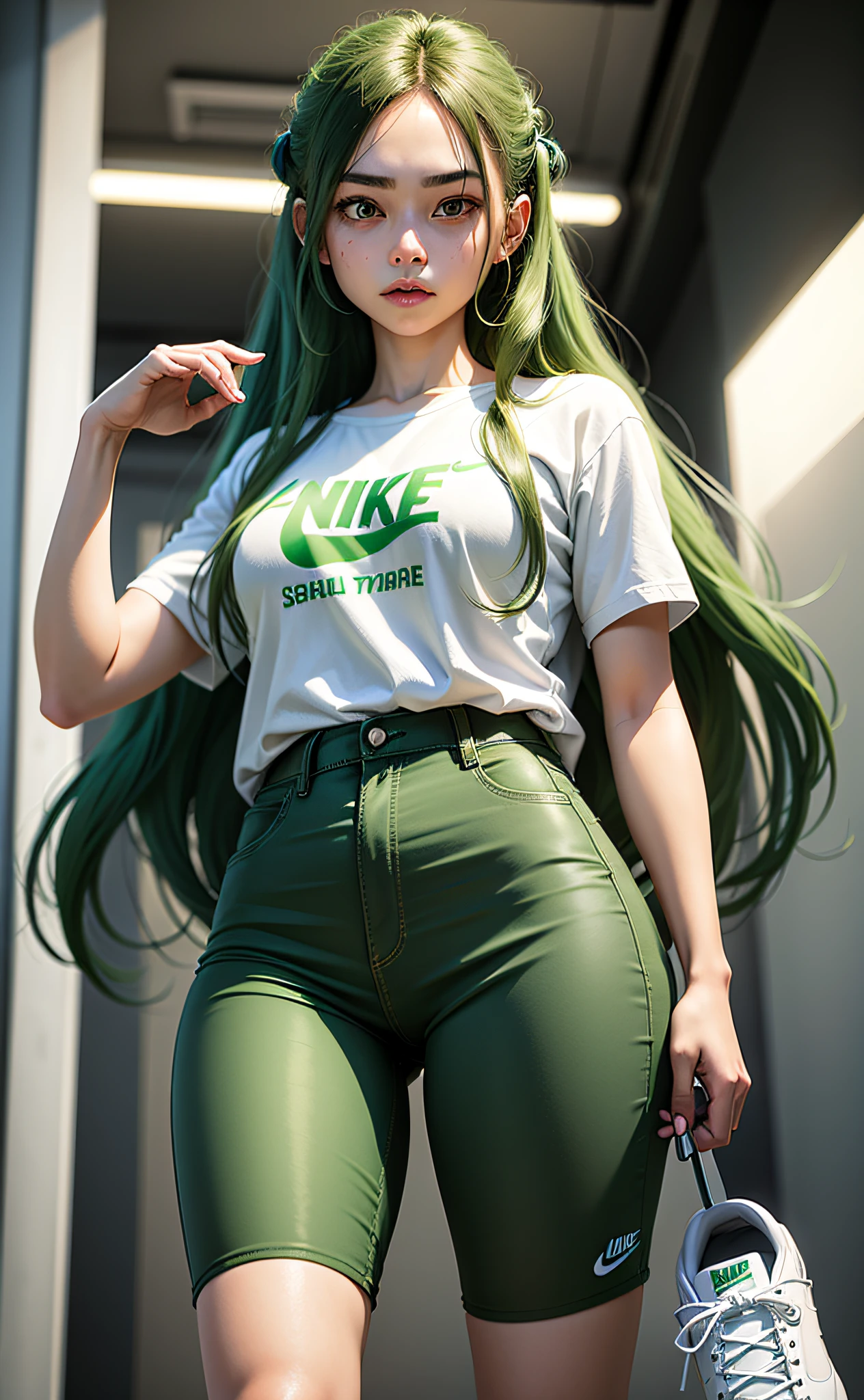 1girl, she wearing white shirt and green pants, casual clothes, wearing green nike shoes, 22 years old, scary face, adult face, 4k style, realistic, crowded, green long hair