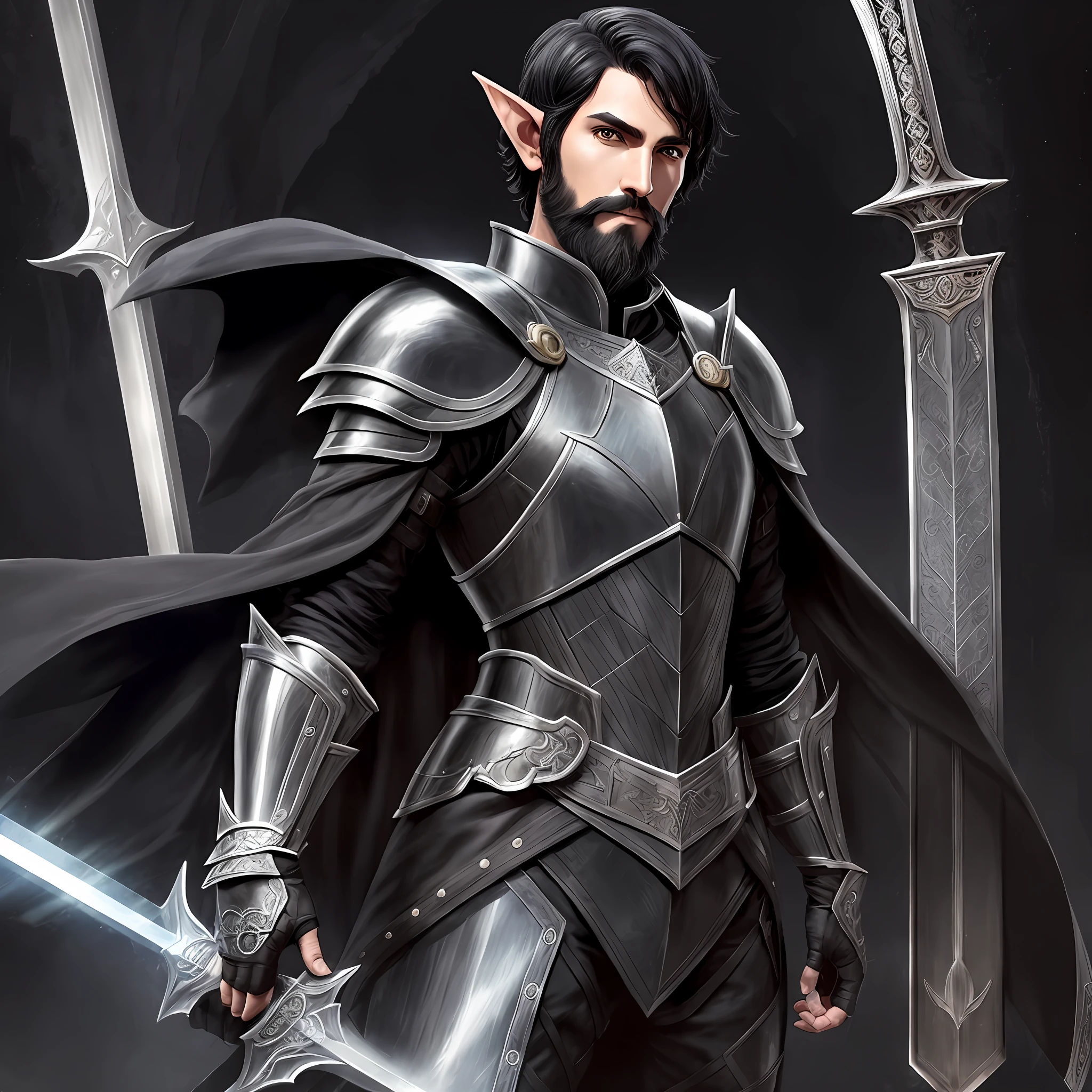 MAN, SHORT HAIR,BLACK HAIR, ELF, BLACK ARMOR, BLACK CAPE, SWORD, BEARD, PALADIN,