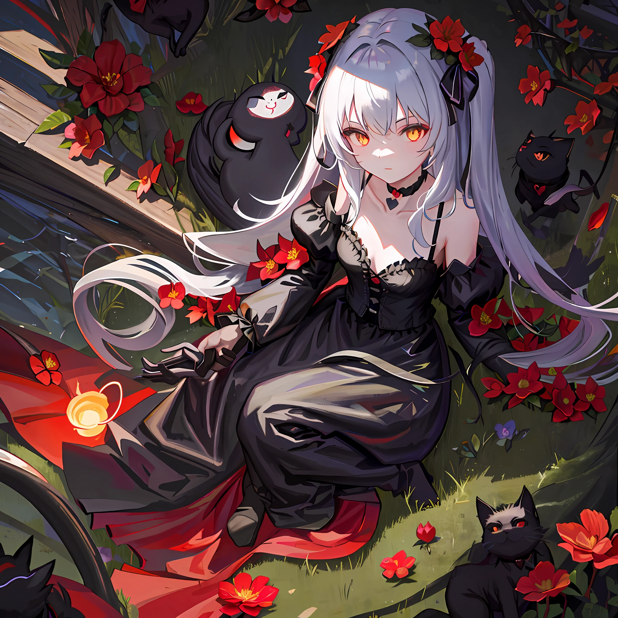 A garden at night, lit on the ground, black cat in the middle, Romantic, hearts, red flowers,