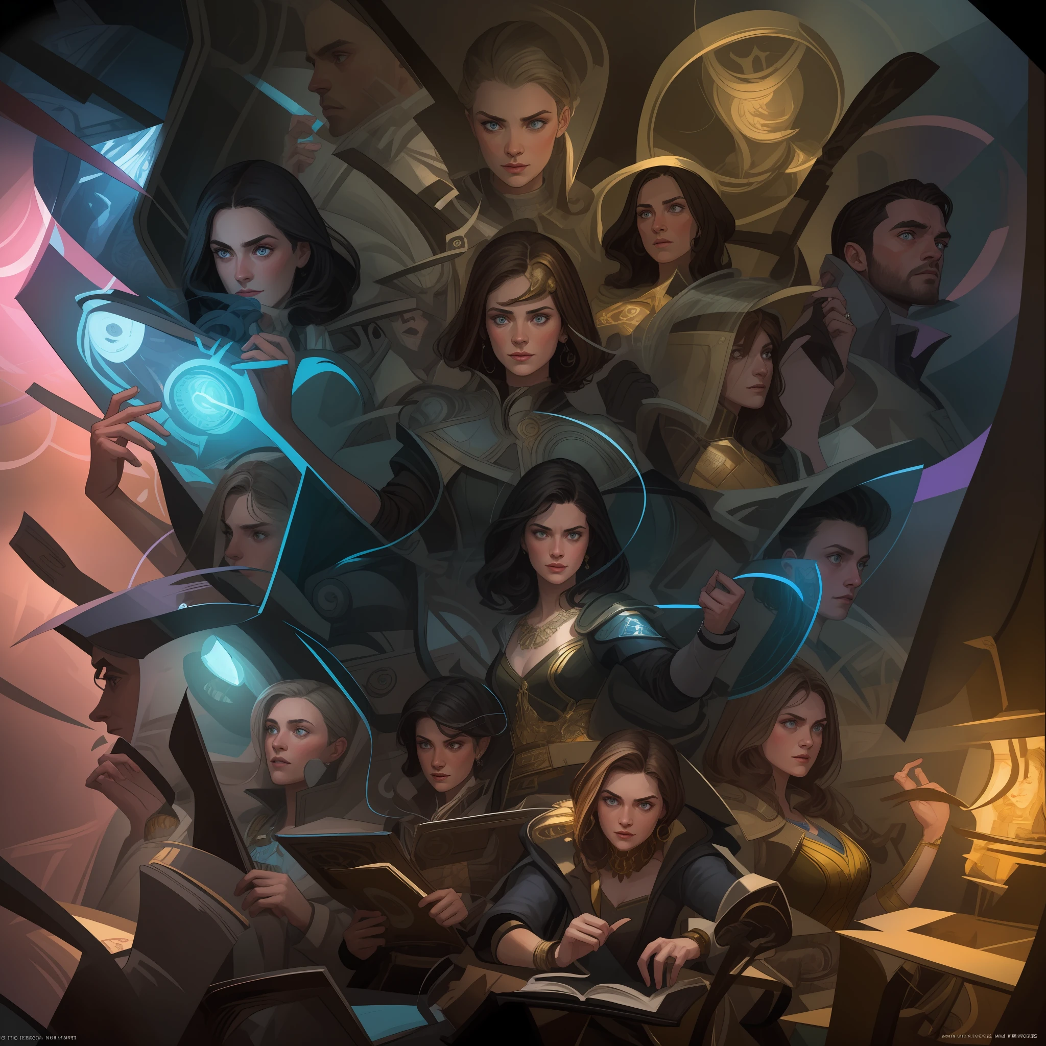 masterpiece, best quality, hyper detailed gouache portrait of a gorgeous woman speaking with other people, group conversation, character art portrait, detailed character portrait, epic scene illustration, graphic novel scene, dramatic tense scene