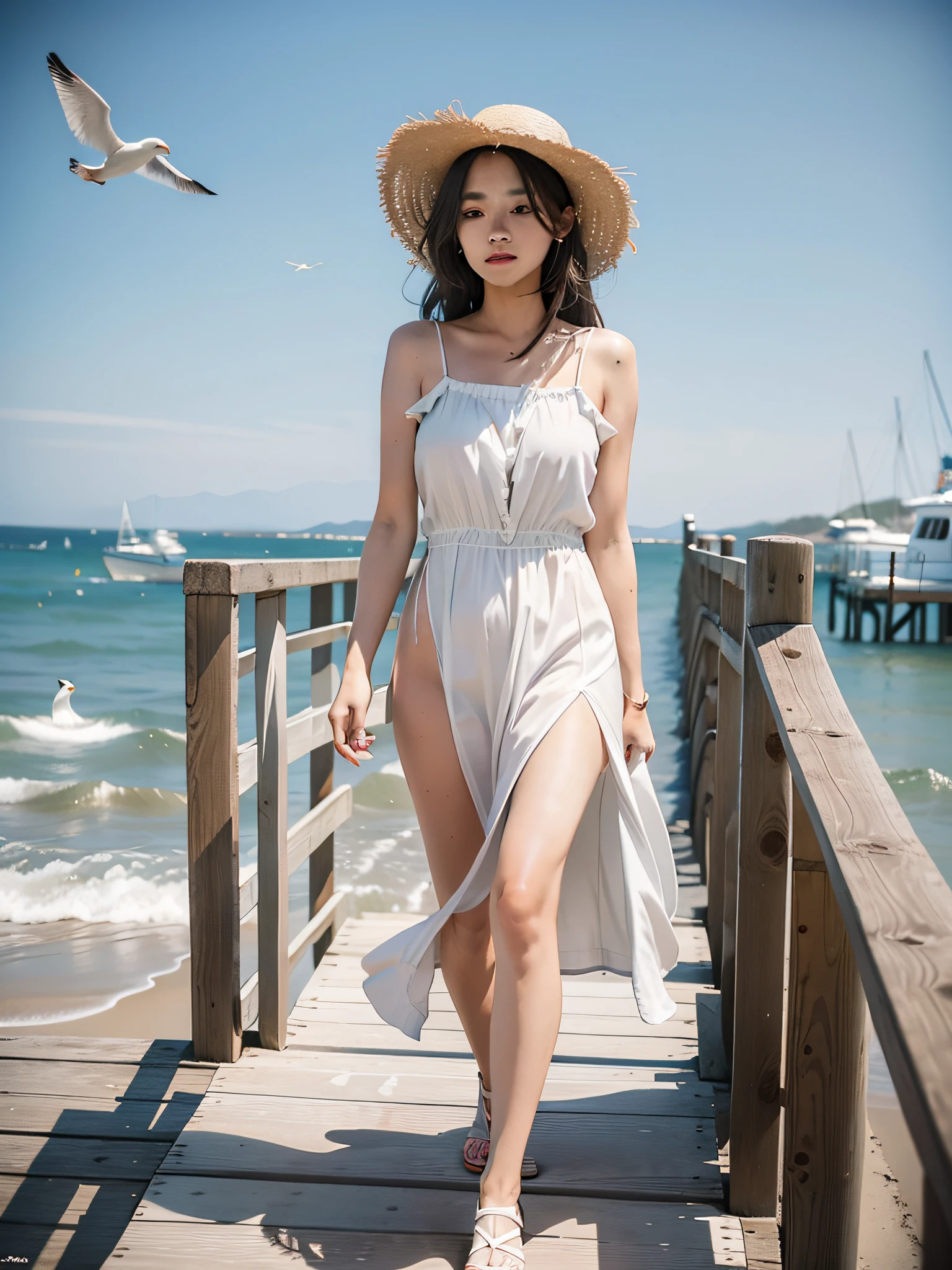 Woman walking on seaside pier in white dress, straw hat on head, seagulls in the sky, boats at sea, movie lighting, movie lens, 8K