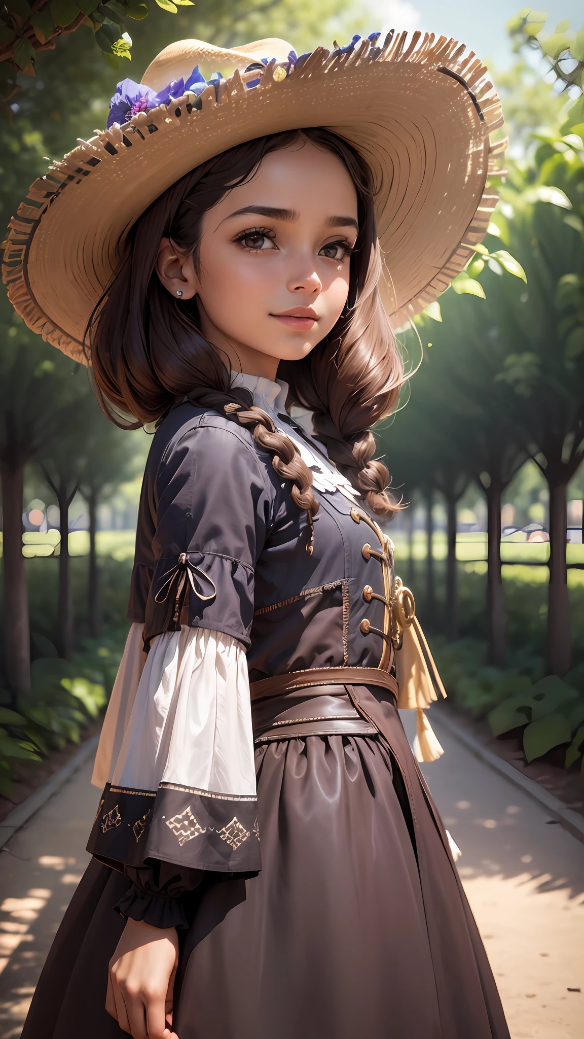 3D a is balançando na arvore: 1.23, (((solo))), telegram sticker, no parque, creating a soft, long dress female, (((retrato realismo))), girl afro- futurista brown hair, (((close-up afeições faciais detalhadas: 1.15))), (((sombreamento cinematográfico))), freedom, profile image, standing confidently, she is the center of the garden, smiling face, listing image, 8k, dreams --auto --s2