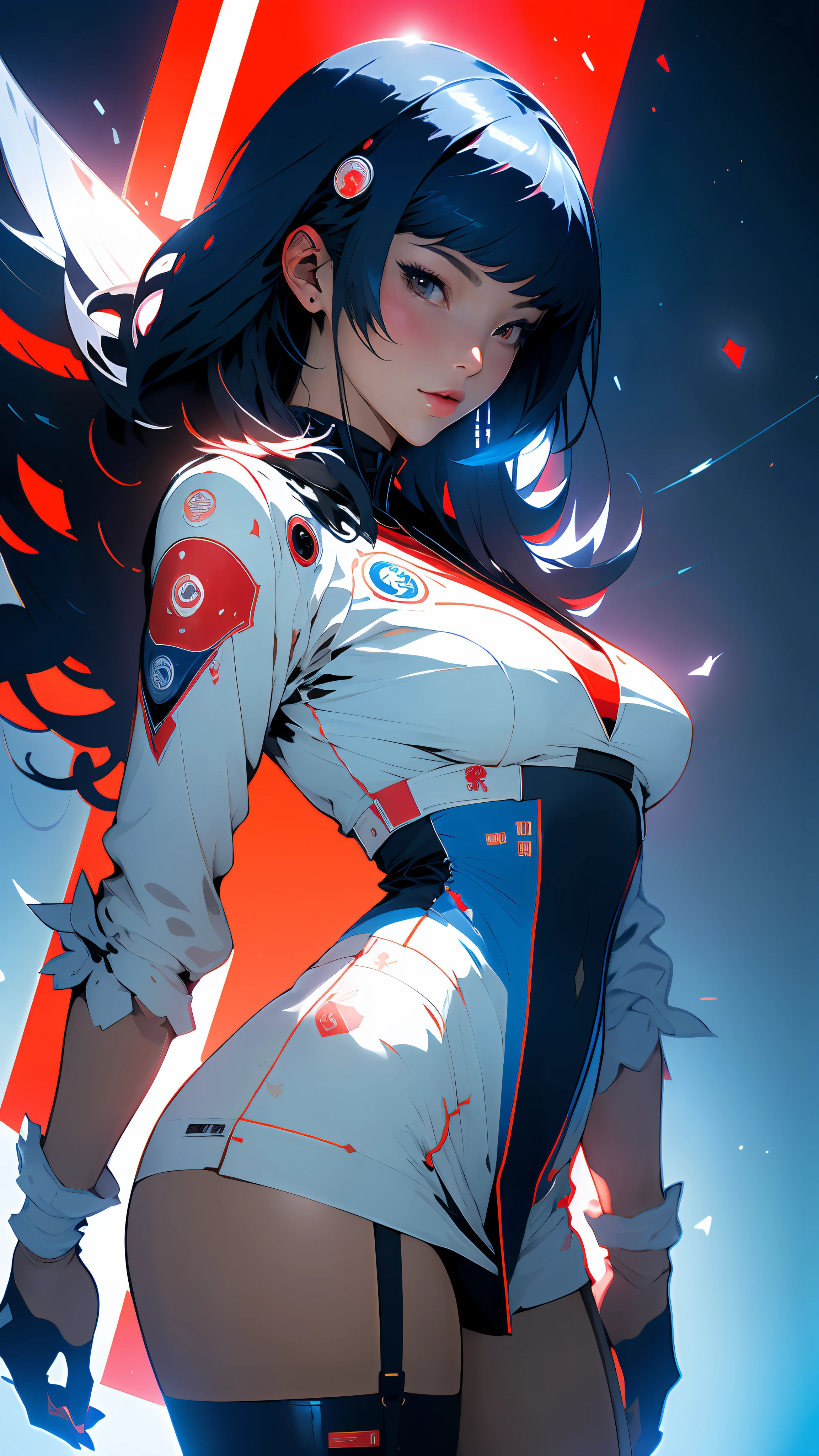 ((Best quality)), ((masterpiece)), (detailed: 1.4), Absurd, Korean female fighter pilot ready for war, muscular body defined, half-thick bare thighs, closed mouth, only in panties, muscular body parts covered by traditional Korean but technological clothing, (((medium breasts)) perfect, generous neckline, ((white outfit with a red and blue yin-yang)), Korea, pastel, Chanel straight black hair very short and heavy bangs covering the entire forehead, a robotic arm, oriental eyes pulled, short underwear, garter belt, by mucha, niji --V5, close to real, best quality, almost naked, psychopath, crazy face, sexy pose, 2 piece clothing, lightning bolt designs on the arms, cyberpunk, airplane wings on the back, oriental flame shoulder pad, red and blue white clothing symbol of Korea, pointed shoulder pads, Pupilless Pulled Black Eyes, HDR (High Dynamic Range),Ray Tracing,NVIDIA RTX,Super-Resolution,Unreal 5,Subsurface Dispersion, PBR Texture, Post-processing, Anisotropic Filtering, Depth of Field, Maximum Clarity and Sharpness, Multilayer Textures, Albedo and Specular Maps, Surface Shading, Accurate Simulation of Light-Material Interaction, Perfect Proportions, Octane Render, Two-Tone Lighting, Wide Aperture, Low ISO, White balance, Rule of thirds, 8K