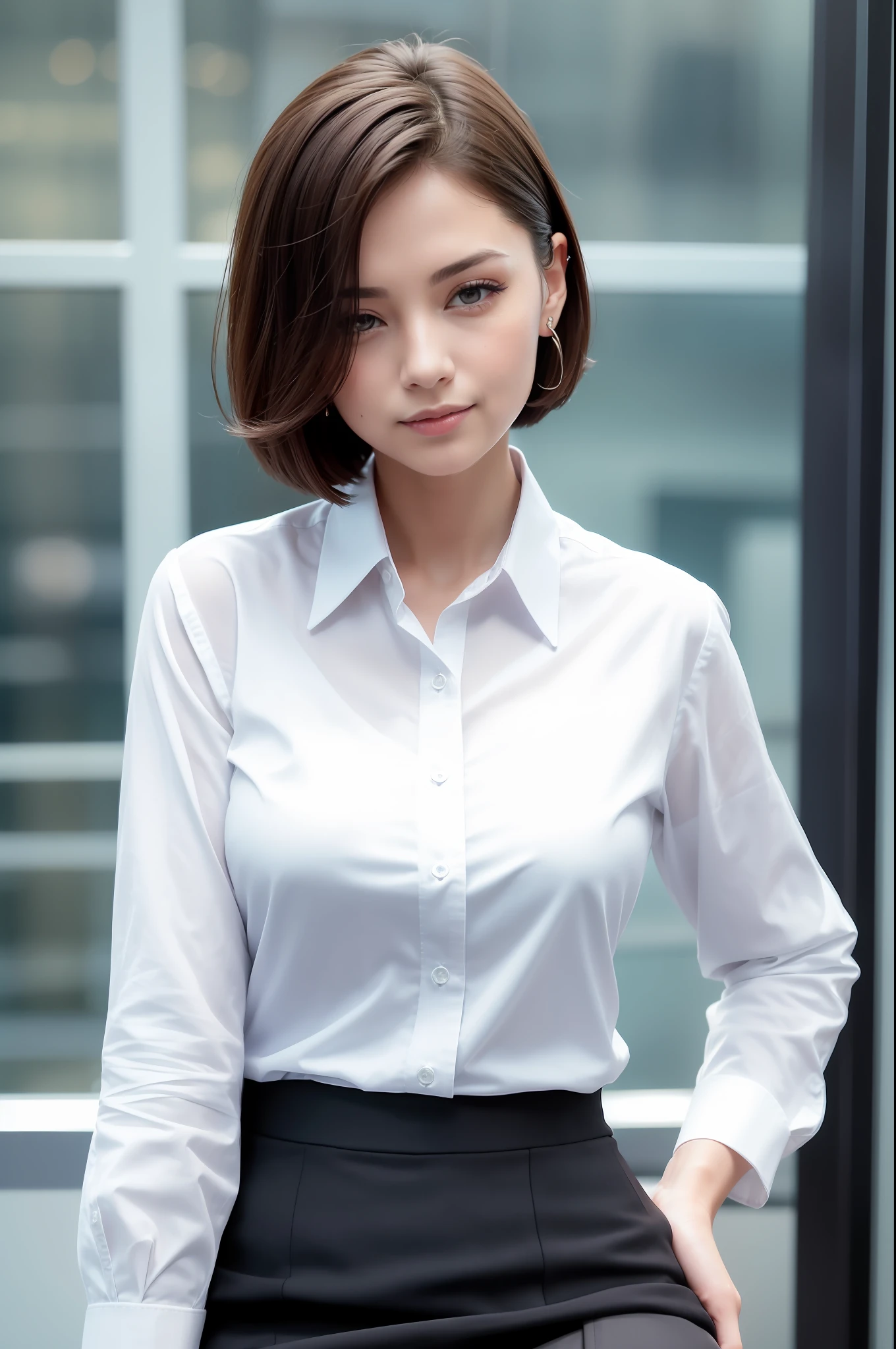 (8K, Top Quality, Masterpiece: 1.2), (Realistic, Photorealistic: 1.37), Super Detailed, 1 Girl, Cute, Solo, Beautiful Detailed Sky, Detailed Office, Night, Sitting, (Blushing Nasal), (Smile: 1.15), (Mouth Closed), Medium Breast, Beautiful Detailed Eyes, (Shirt with Collar: 1.1), Night, Wet, Business Clothes, Rain, (Short Hair: 1.2), pureerosface_v1, computer, more fingers, beautiful detail face, wearing tight skirt