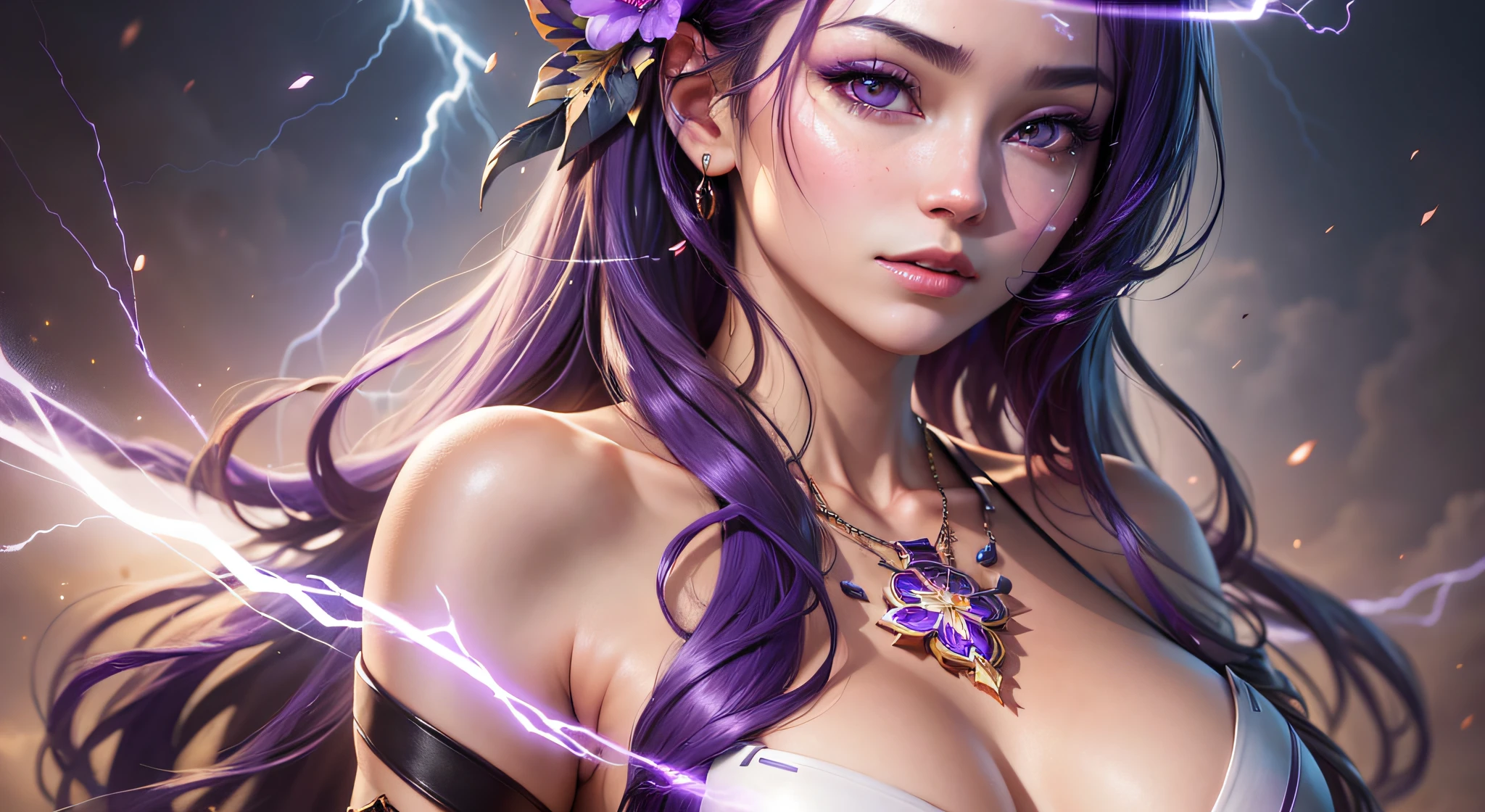 best quality, masterpiece, highres, 1girl, micro bikini, japanese hair ornament, necklace, jewelry, beautiful face, upon_body, tyndall effect, photorealistic, dark studio, edge lighting, two-tone lighting, (high detail skin: 1.2), 8k uhd, dslr, soft lighting, high quality, volumetric lighting, candid, photography, high resolution, 4k, 8k, Bokeh, transparent clothes, large breasts, thin waist,  gorgeous body, Raiden Shogun, Genshin Impact, bright, marked eyes, long dark purple hair, eyes with white background and illuminated purple iris, anime-style eyes, lightning and electricity in the background, nipple marks on bikini