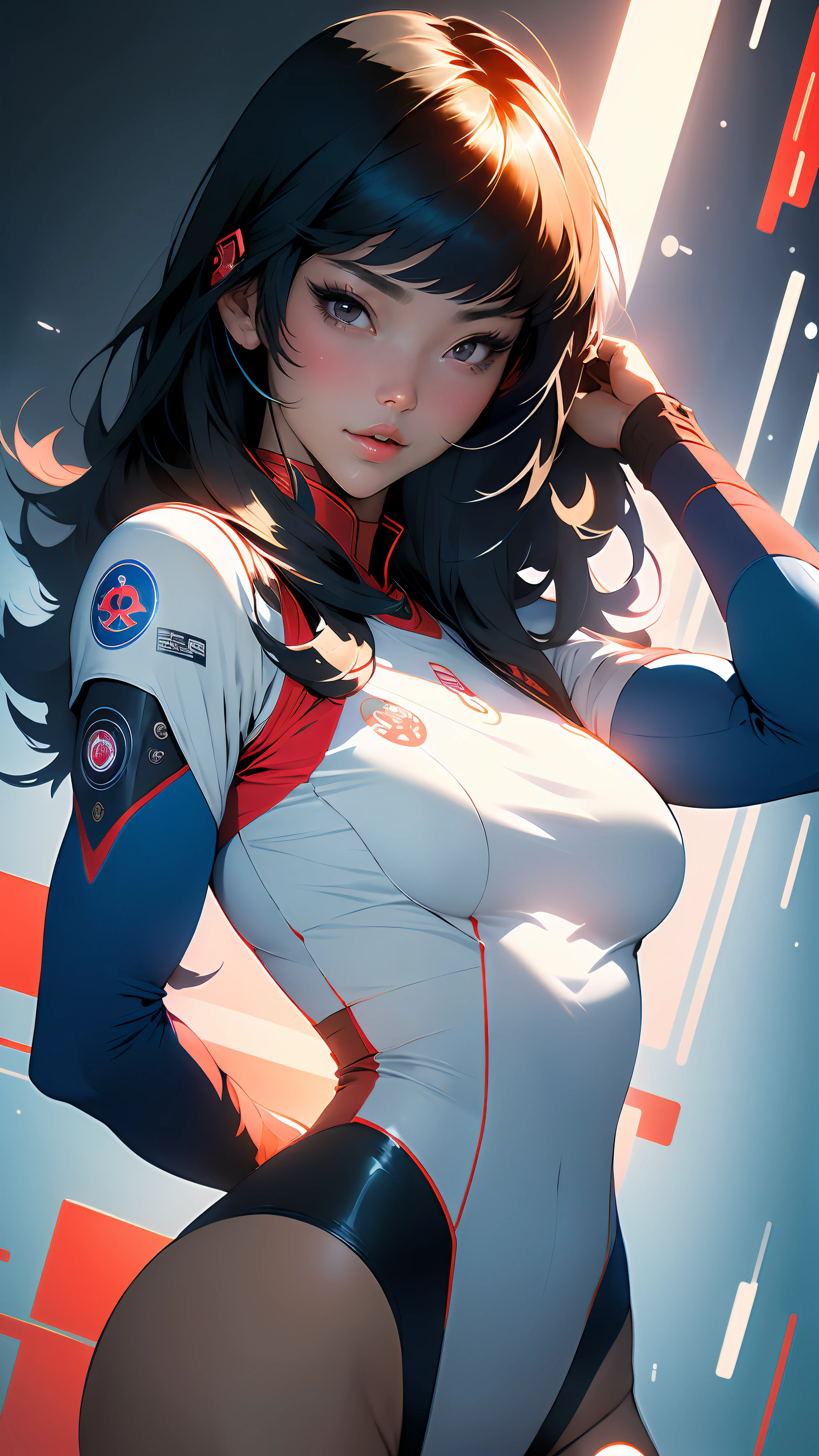 ((Best quality)), ((masterpiece)), (detailed: 1.4), Absurd, Korean female fighter pilot ready for war, muscular body defined, half-thick bare thighs, closed mouth, only in panties, muscular body parts covered by traditional Korean but technological clothing, (((medium breasts)) perfect, generous neckline, ((white outfit with a red and blue yin-yang)), Korea, pastel, Chanel straight black hair very short and heavy bangs covering the entire forehead, a robotic arm, oriental eyes pulled, short underwear, garter belt, by mucha, niji --V5, close to real, best quality, almost naked, psychopath, crazy face, sexy pose, 2 piece clothing, lightning bolt designs on the arms, cyberpunk, airplane wings on the back, oriental flame shoulder pad, red and blue white clothing symbol of Korea, pointed shoulder pads, Pupilless Pulled Black Eyes, HDR (High Dynamic Range),Ray Tracing,NVIDIA RTX,Super-Resolution,Unreal 5,Subsurface Dispersion, PBR Texture, Post-processing, Anisotropic Filtering, Depth of Field, Maximum Clarity and Sharpness, Multilayer Textures, Albedo and Specular Maps, Surface Shading, Accurate Simulation of Light-Material Interaction, Perfect Proportions, Octane Render, Two-Tone Lighting, Wide Aperture, Low ISO, White balance, Rule of thirds, 8K
