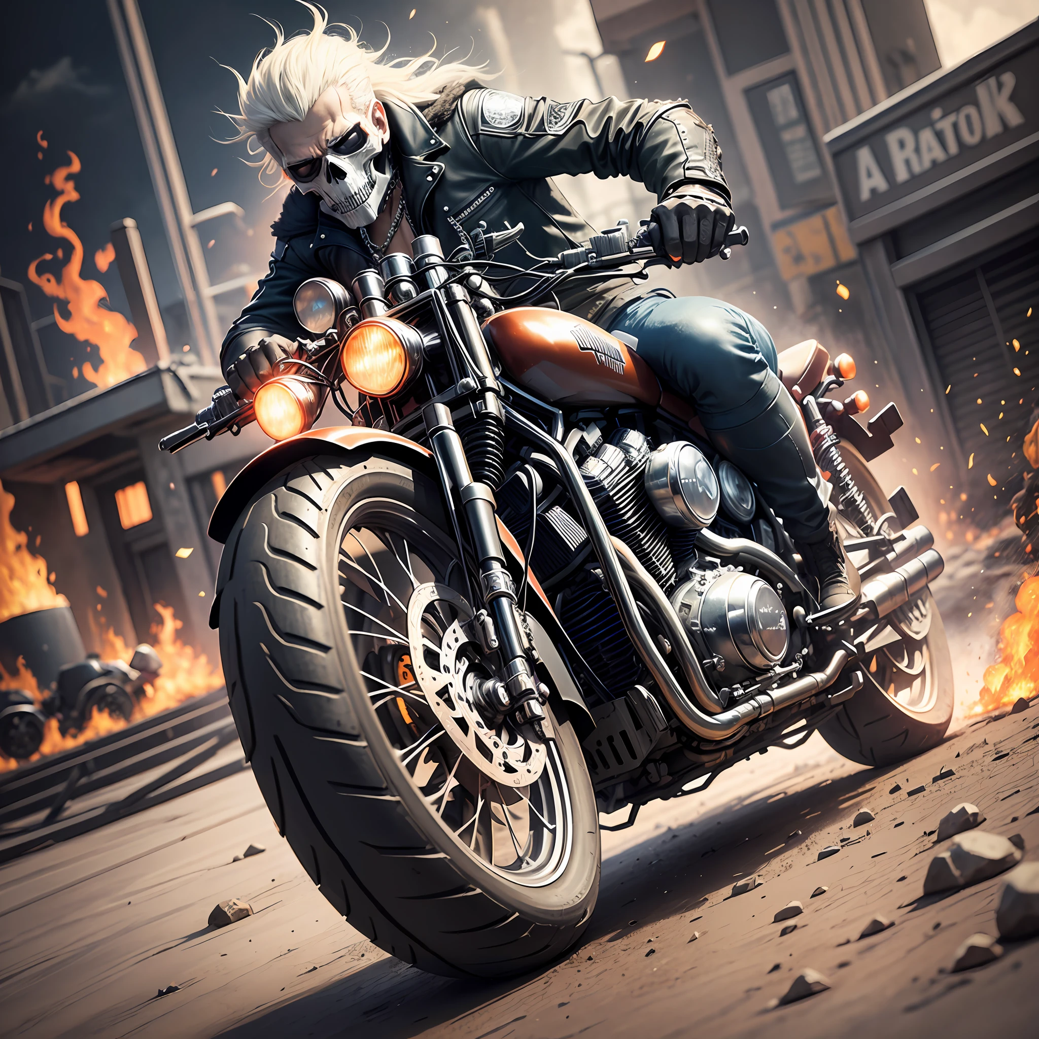 Create a realistic image of Ghost Rider on his Harley Davidson in high resolution, with chains and fire in a chaotic environment. Make sure the image captures the scene realistically and authentically, with details like the motorbike, the Ghost Rider with his perfect flaming skull-shaped head, the chains and the fire. Use a vibrant, contrasting color palette to make the image stand out and make it more appealing. Add textures and details to make the image more realistic, such as smoke and debris in the environment. Make sure the resulting image looks realistic and detailed. --auto --s2