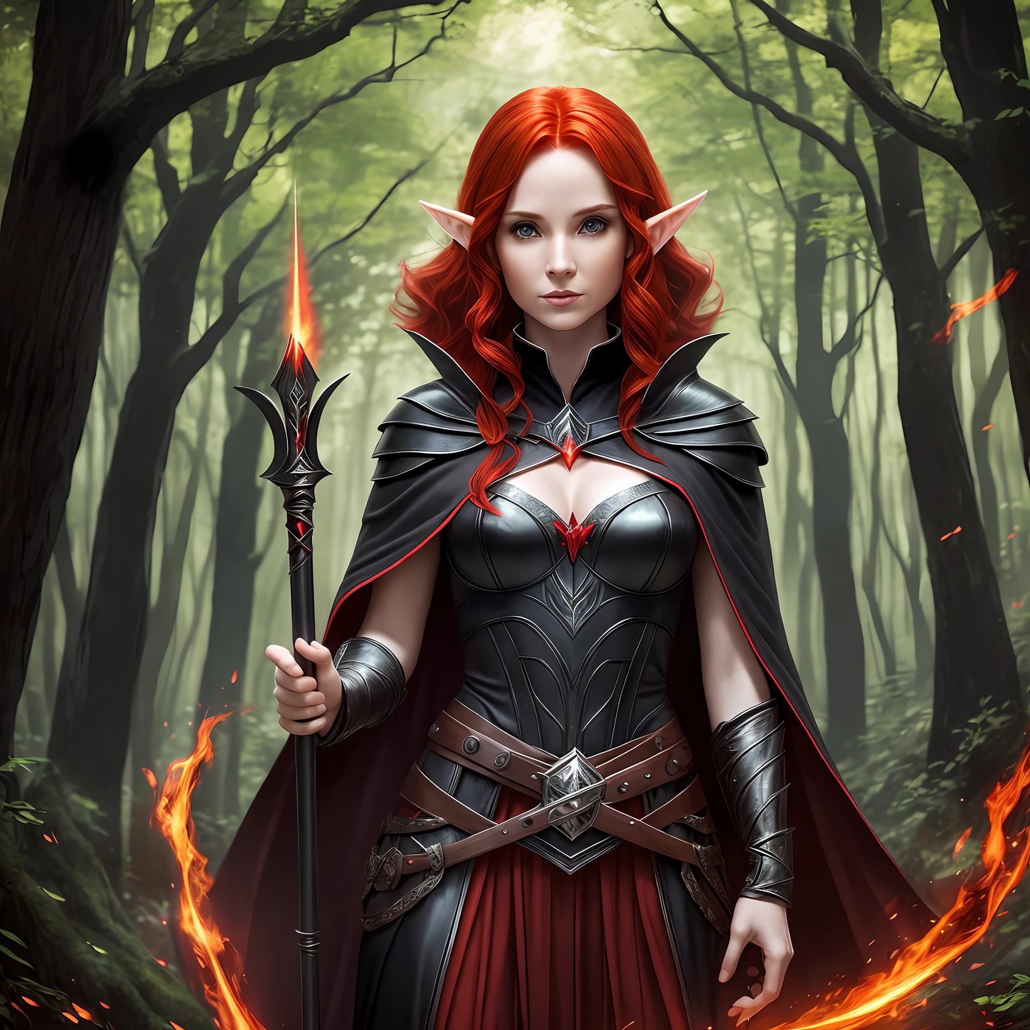 Elf, red hair, short staff, sorceress, long cape, reality black cape, forest, black armor, magic, shining staff, short hair, magic around, magic behind. fireball --auto --s2