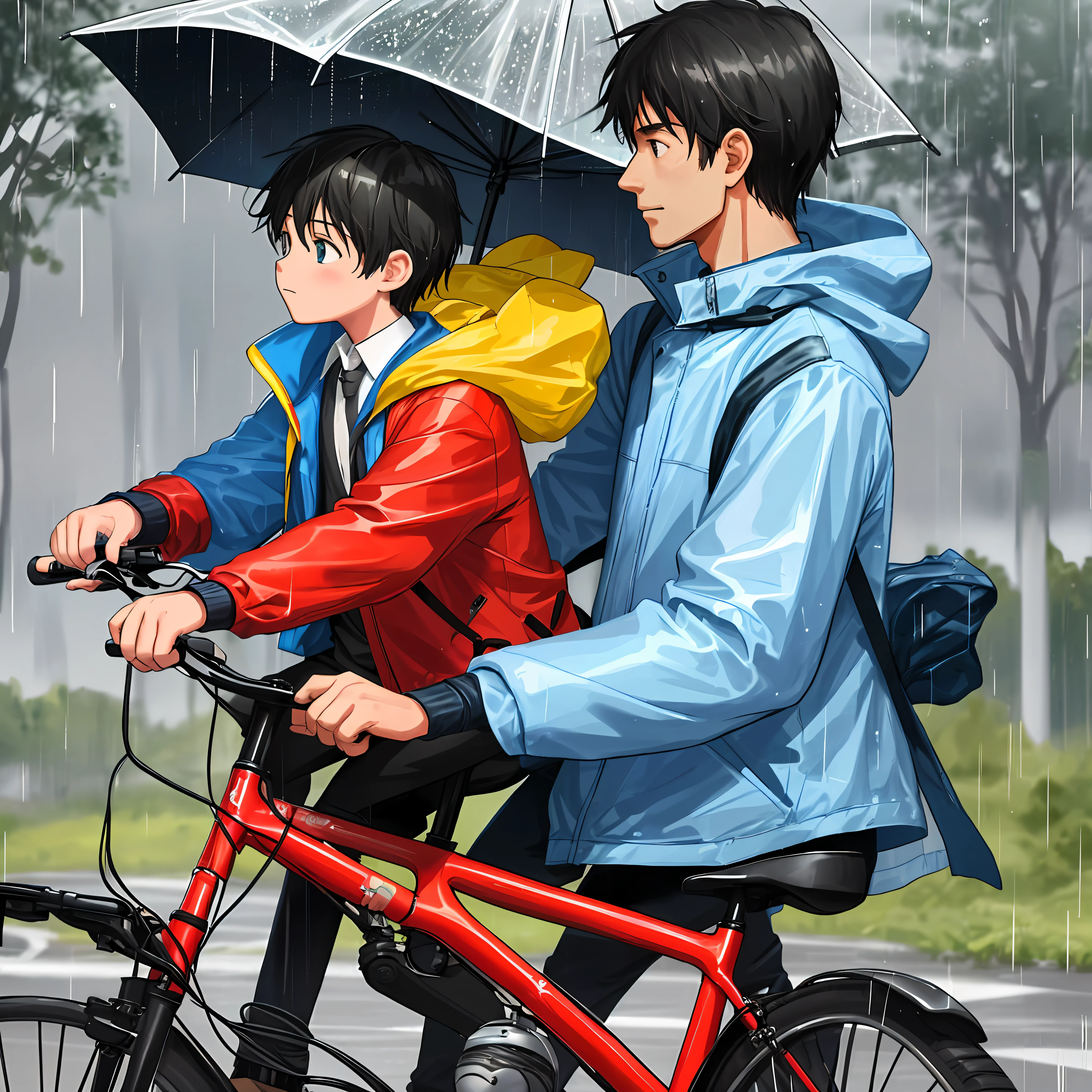 On a rainy morning, a father gets up early and checks the weather forecast. It's going to be a very wet day, but he knows he has to get his child to school. So, he gets his raincoat and a helmet and prepares his bike for the ride. He and his child get on the bike, the father holding the umbrella to keep them both dry. They begin their journey to school, with the father carefully navigating through the wet and slippery roads. The rain is coming down hard, but the father keeps pedalling, determined to get his child to school on time. As they ride, the child holds on tight to the father, feeling safe and secure. The father chats with the child, telling jokes and singing to keep their spirits up. When they finally arrive at the school, the father helps the child off the bike and gives them a hug and a kiss. The child looks up at the dad with admiration and love, feeling grateful for his determination to get them to school in spite of the rain. The father bikes away, soaked to the bone but with a warm feeling in his heart, knowing that he has fulfilled his responsibilities as a father.