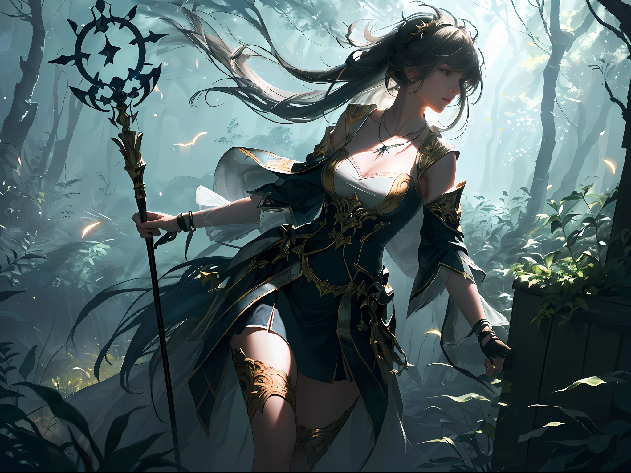 Masterpiece, best quality, (ultra-fine CG unity 8k wallpaper), (best quality), (best shadow), UI interface framework design with natural elements of the forest theme. Surrounded by delicate leaves and branches, there are also fireflies and glowing particle effects, (RAW photos, best quality), (realistic, Photo Realism: 1.3), Extremely Refined and Beautiful, Amazing, Fine Detail, Masterpiece, Ultra Detail, High Resolution, Best Illustration, Best Shadow, Complex, Depth of Field, (Dramatic Lighting: 1.4), Sharp Focus, Volumetric Fog, 8kUHD, DSLR, High Quality (Film Grain: 1.4), Fujifilm XT3 (Distance Photo), Beautiful Clean Face, Full Body, 1 Girl, (Crystal Necklace), Long Legs, Staff Staff, Good Hands, Perfect Hands, Nightmare AI Demon,