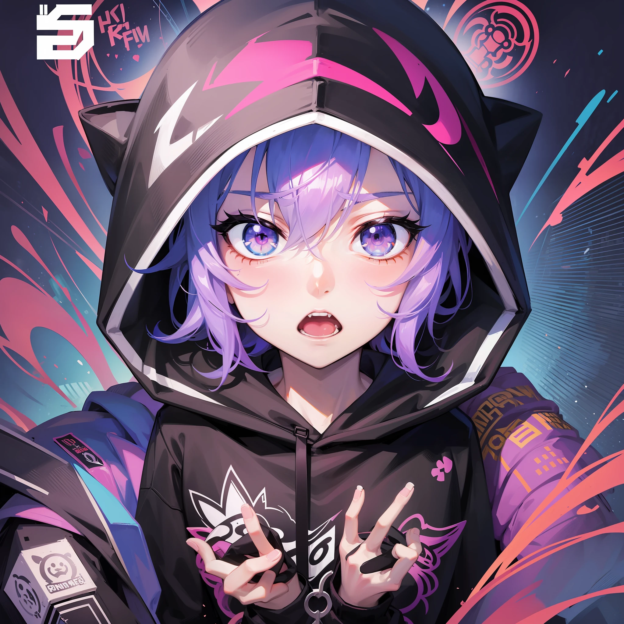 Boy in hoodie, index finger to mouth, facing camera, upper body, tiger sticker, key anime art, projectile on broken digital art, anime art wallpaper 8K, anime style 4K, badass anime 8K