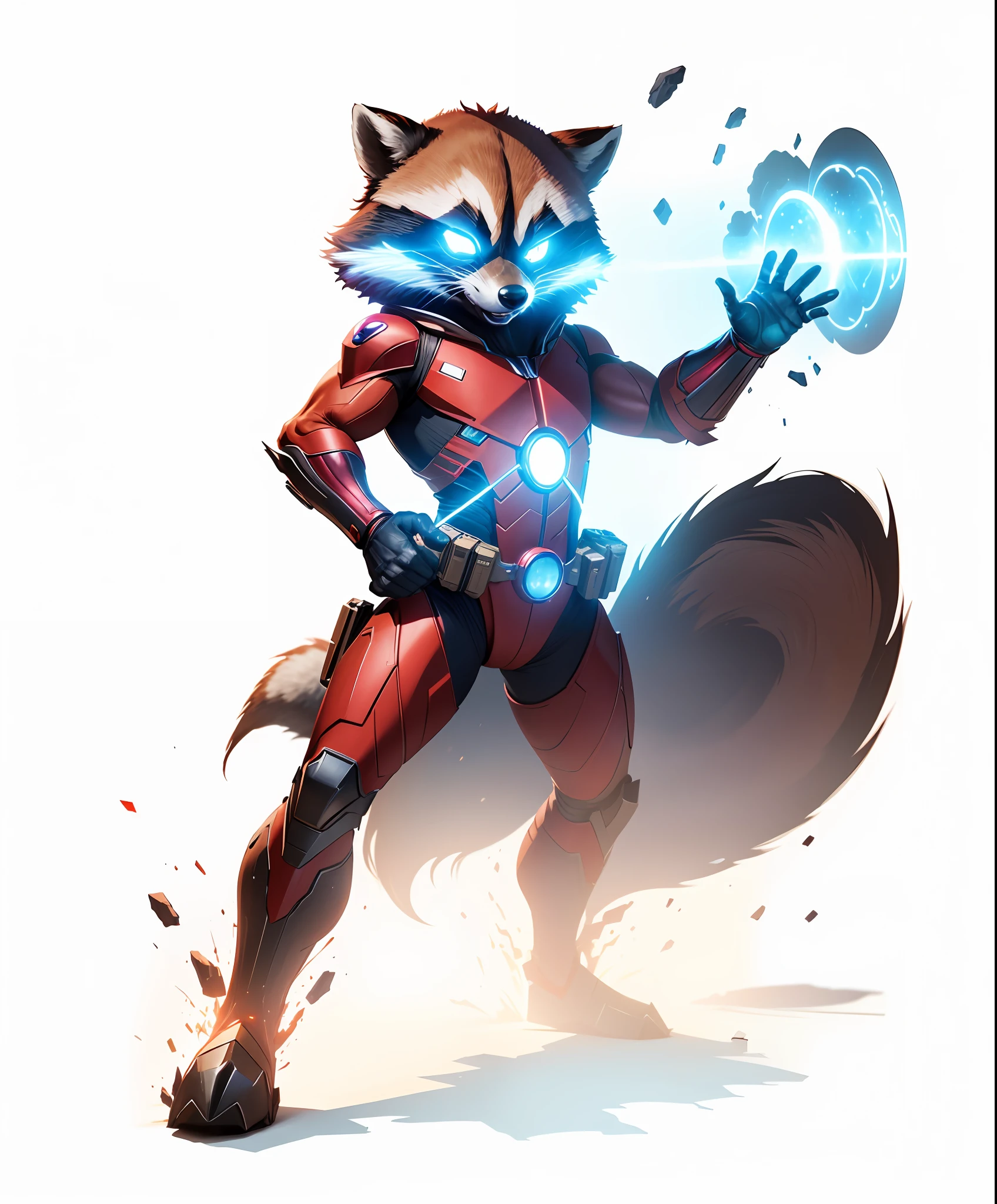 8k, realistic, charismatic, very detailed, rocket raccoon, vision, superhero theme, full body, ray-traced images of Arthur Pan, trends on Artstation, digital art, red and cinematic lighting, dramatic shadows and beautiful vivid colors capture scenes. Romantic art style, flat perspective, character standing, perfect face, raccoon, vision, infinity stones