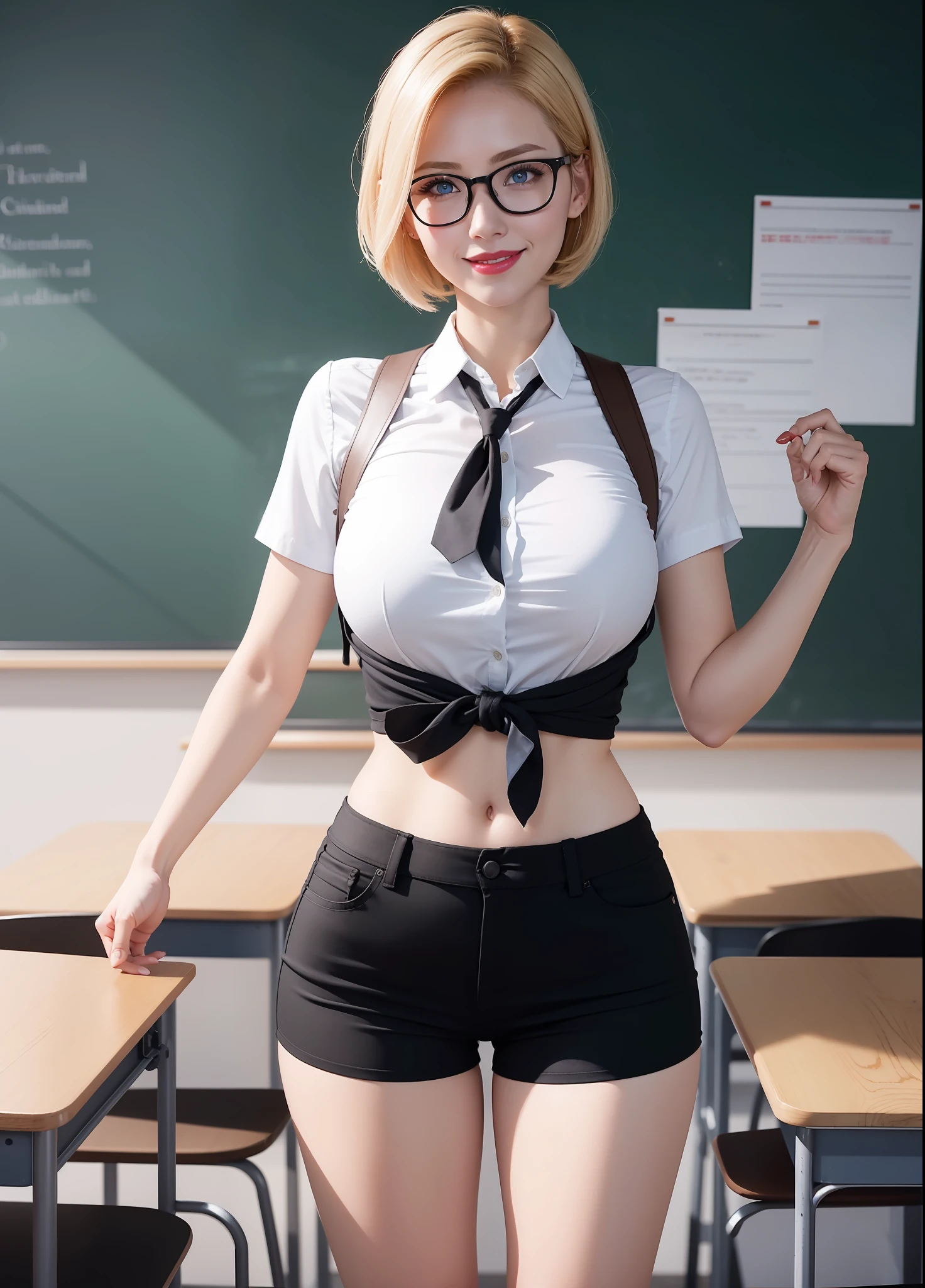 Full body picture, a female teacher and several male students, she is wearing a white shirt, short black shorts, tight-fitting clothes, big breasts, red glasses on her face, she has short blond hair with highlights, blue eyes, she is looking at the viewer, embarrassed smile, red cheeks, red lipstick on her mouth, she is standing inside a classroom full of students, with a blackboard, anime style, Anime, Mortal Kombat, Masterpiece, super detail, 16k, best quality, anatomically correct, UHD