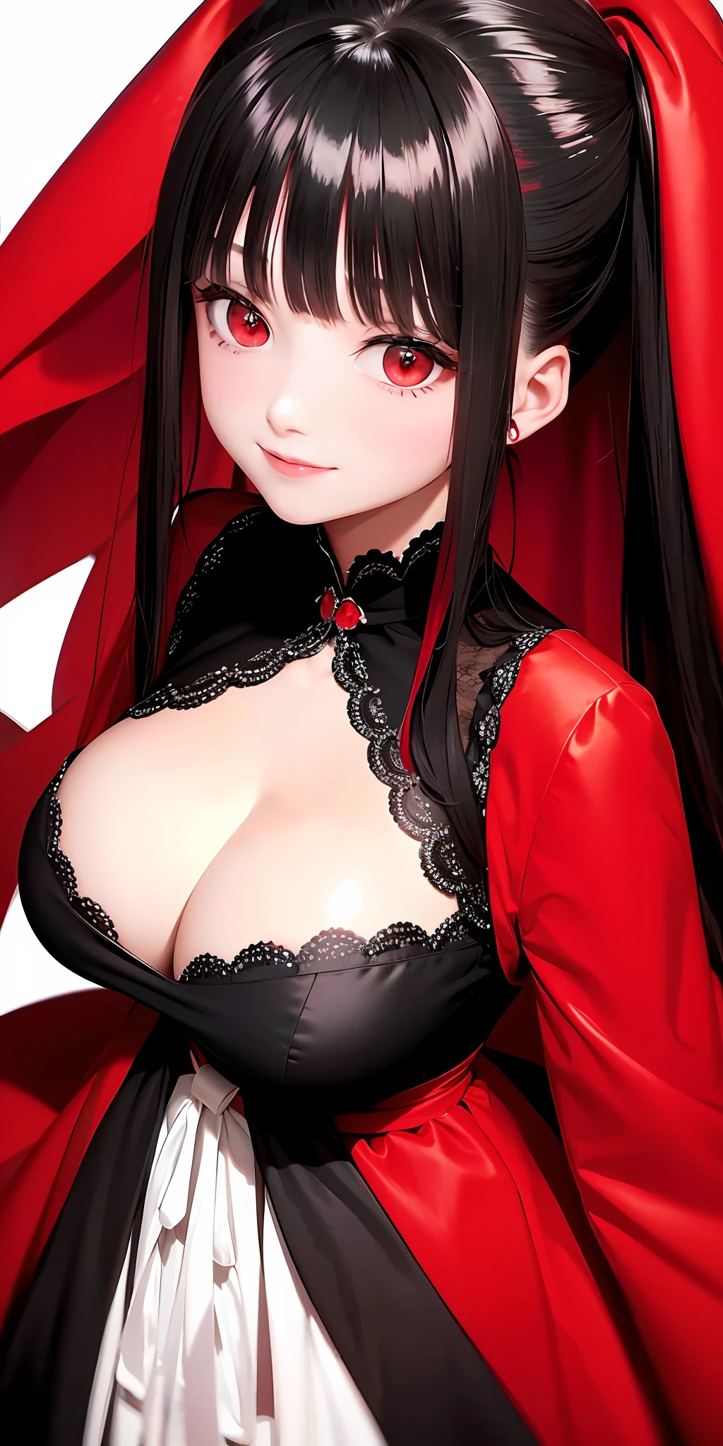 Top quality, masterpiece, black hair with red highlights, white highlight hair, red eyes, black ruffled dress, look up, upper body, hair strands, smile, cute, one, girl, cleavage,