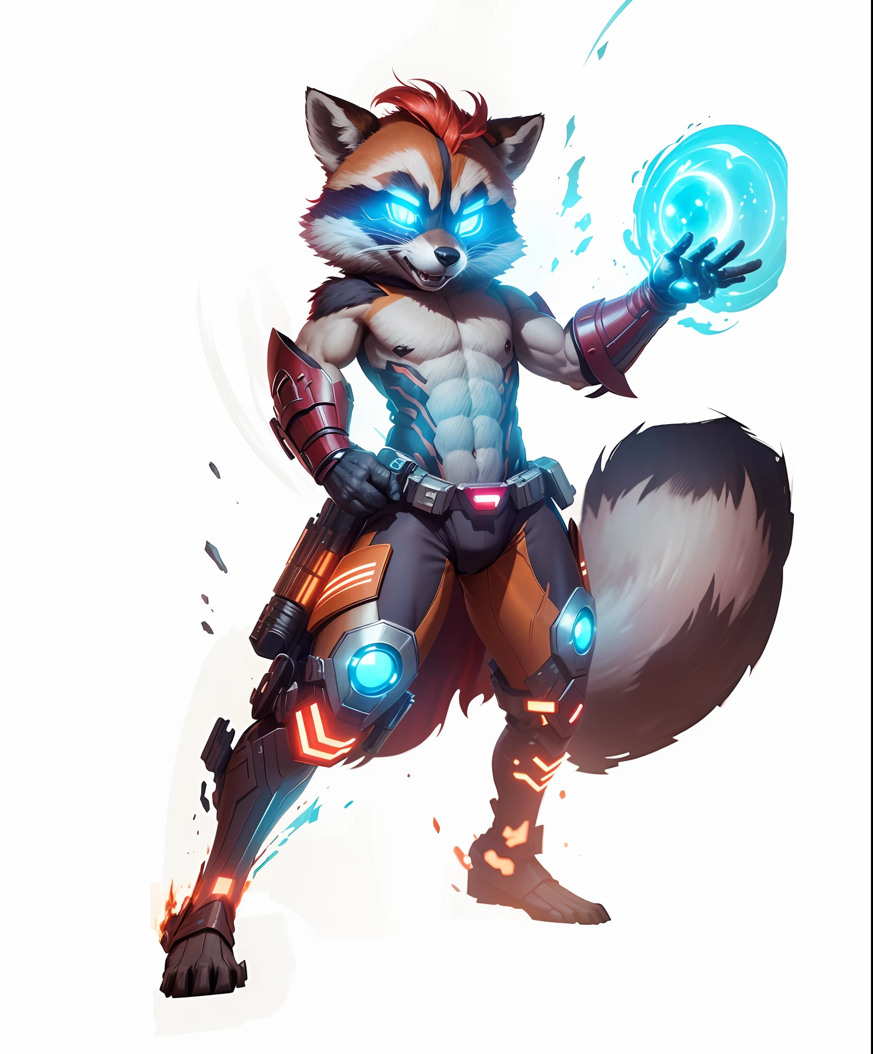 8k, realistic, charismatic, very detailed, rocket raccoon, vision, superhero theme, full body, ray-traced images of Arthur Pan, trends on Artstation, digital art, red and cinematic lighting, dramatic shadows and beautiful vivid colors capture scenes. Romantic art style, flat perspective, character standing, perfect face, raccoon, vision, infinity stones