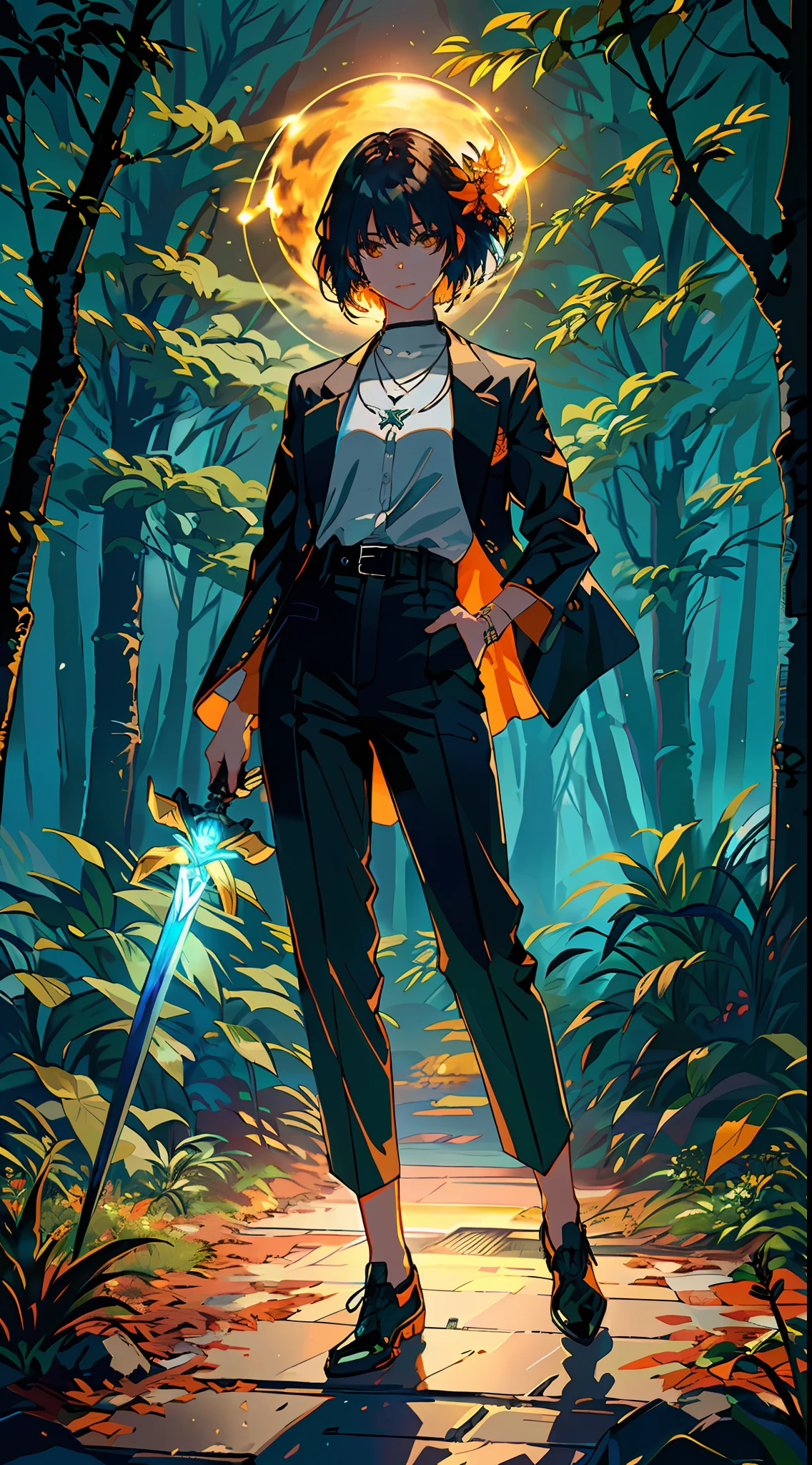 Masterpiece, best quality, (ultra-fine CG unity 8k wallpaper), (best quality), (best shadow), UI interface framework design with natural elements of the forest theme. Surrounded by delicate leaves and branches, there are also fireflies and glowing particle effects, (RAW photos, best quality), (realistic, Photo Realism: 1.3), Extremely Refined and Beautiful, Amazing, Fine Detail, Masterpiece, Hyperdetail, High Resolution, Best Illustration, Best Shadow, Complex, Depth of Field, (Dramatic Lighting: 1.4), Sharp Focus, Volumetric Fog, 8kUHD, DSLR, High Quality (Film Grave: 1.4), Fujifilm XT3 (Distant Photo), Beautiful Clean Face, Full Body, 1 Girl, Orange Pants in Black Tech Suit Jacket and Buckle and Tape, (Crystal Necklace), Long Legs, One-handed Sword, Good Hands, Perfect Hands, Stroke, Looking at the Audience, Nightmare AI Demon, ,