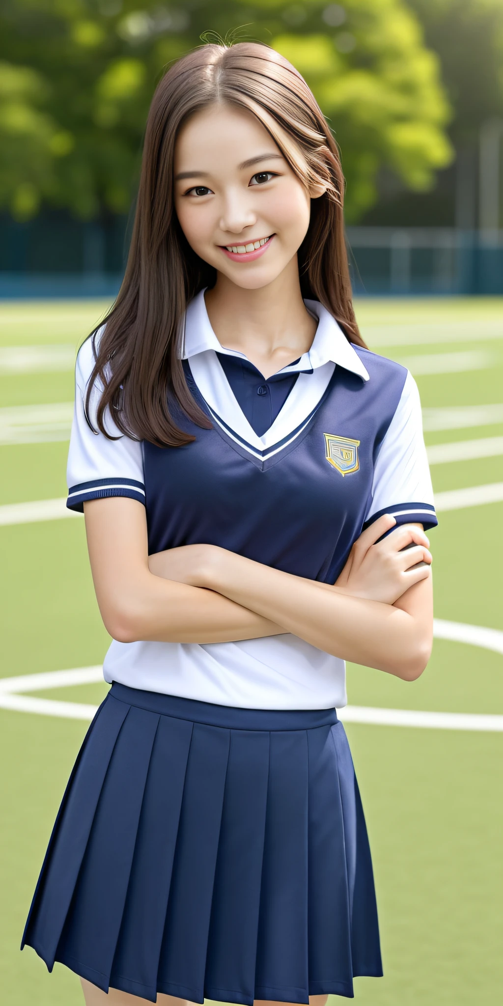 neat college girl, petite person, (school uniform, summer uniform, short sleeve), outside the athletic field, (slim), photorealistic, detail, skin texture, ultra detail, delicate sexy collarbone, smile, super detailed face, detailed lips, detailed eyes, double eyelids, breast enhancement