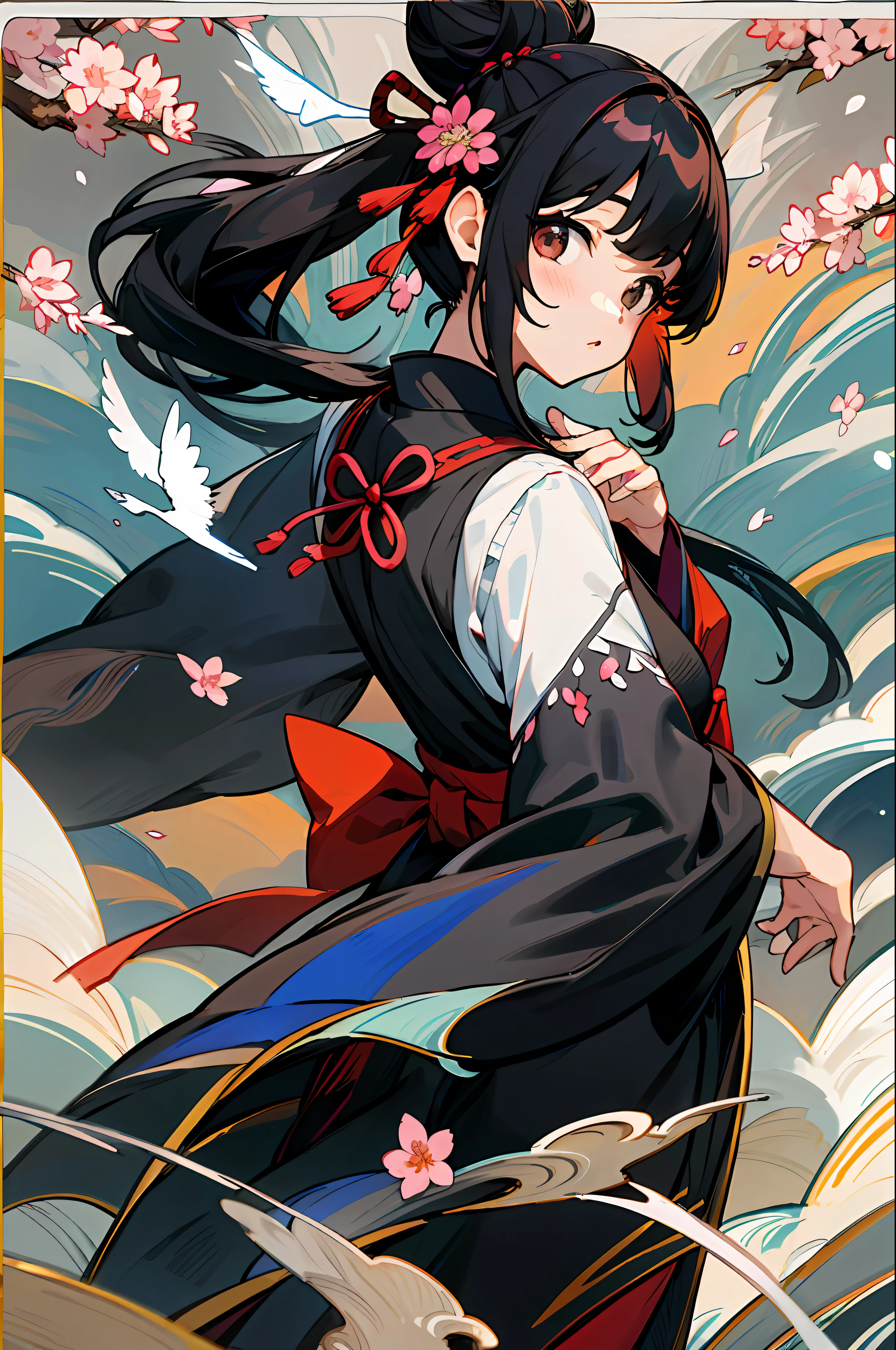 ((masterpiece,best quality)),2girls, black kimono, black legwear, black ribbon, black hair, cherry blossoms, day, flower, hair bun, hair ribbon, japanese clothes, kimono, long hair, looking at viewer, looking back ,多个女孩,腰带,户外,红眼睛,红头发,缎带,凉鞋,单人发髻,楼梯,站立,雕像,鸟居,树,白色和服,黄色眼睛