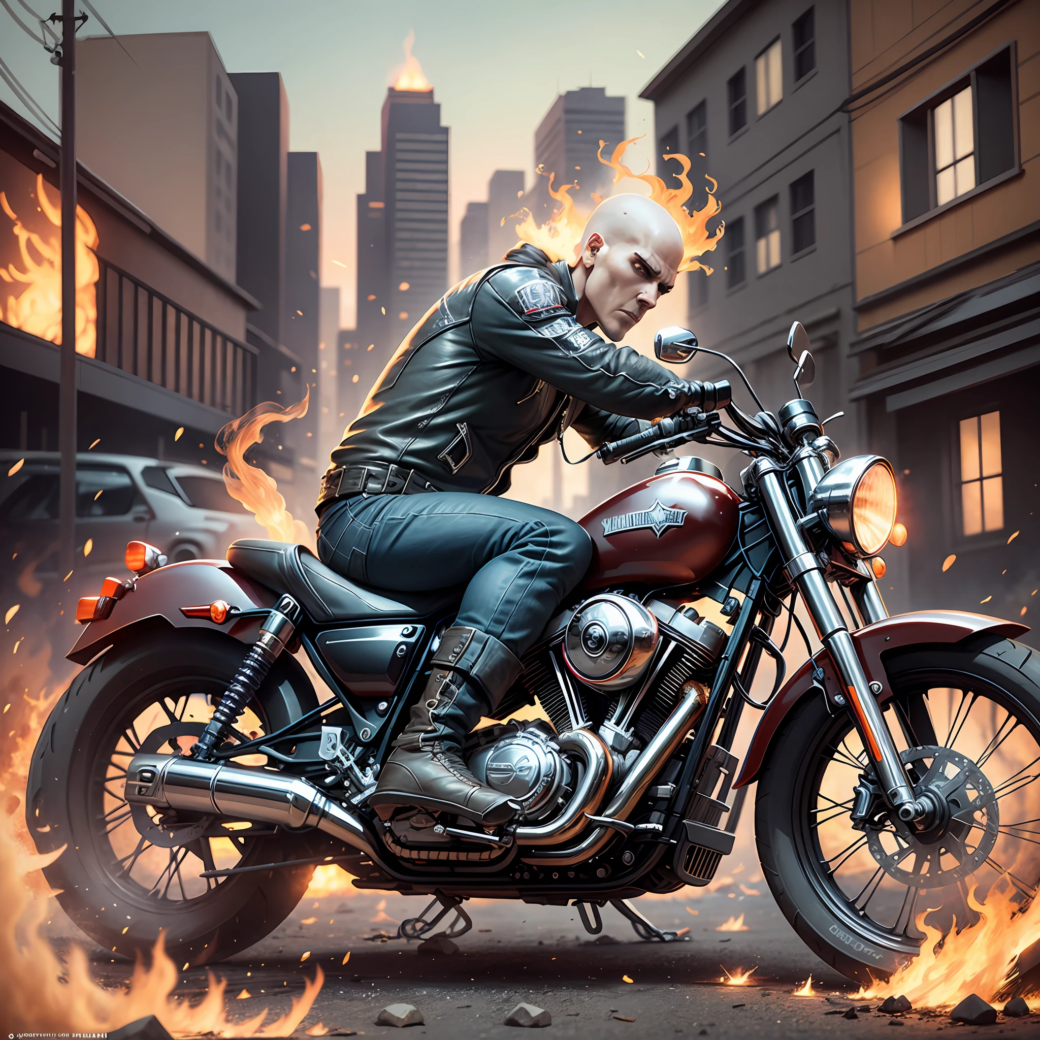 Create a realistic image of Ghost Rider on his Harley Davidson in high resolution, with chains and fire in a chaotic environment. Make sure the image captures the scene realistically and authentically, with details like the motorbike, the Ghost Rider with his perfect flaming skull-shaped head, the chains and the fire. Use a vibrant, contrasting color palette to make the image stand out and make it more appealing. Add textures and details to make the image more realistic, such as smoke and debris in the environment. Make sure the resulting image looks realistic and detailed. --auto --s2