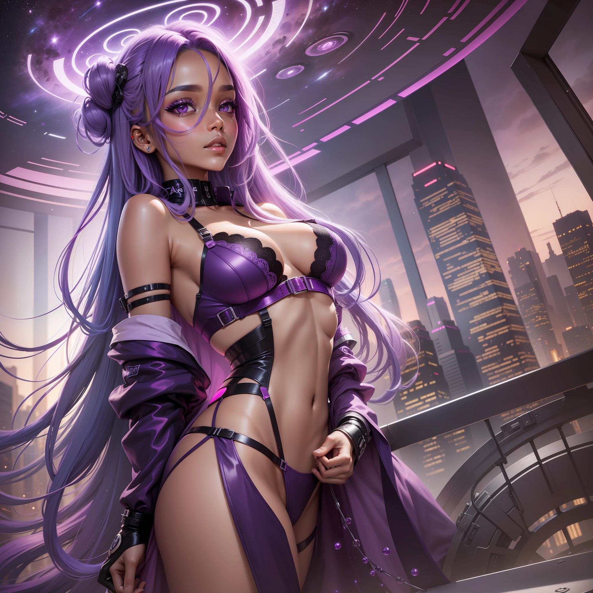 girl, dark skin, purple colored eyes, space, purple hair, blue hair, pink hair, long hair, sexy, lingerie, futuristic