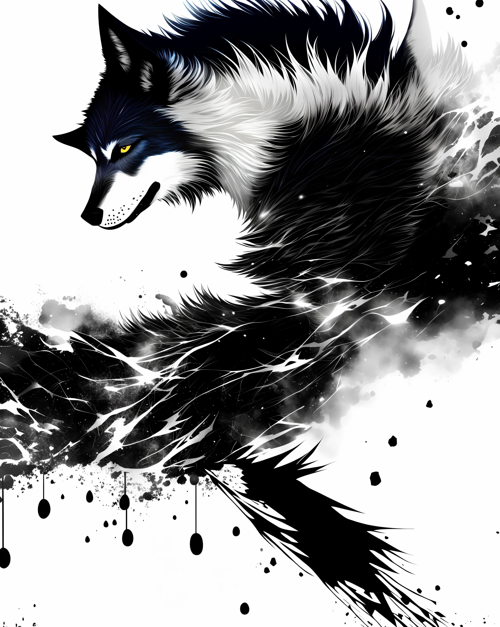 a close up of a wolf with a splaty background, fenrir, black wolf, high contrast illustration, half wolf, wolf, 4k art, 4 k manga wallpaper, grim - wolf, inspired by Nōami, wallpaper 4k, wallpaper 4 k, wallpaper art, sumi ink style, anime art wallpaper 4 k, anime art wallpaper 4k