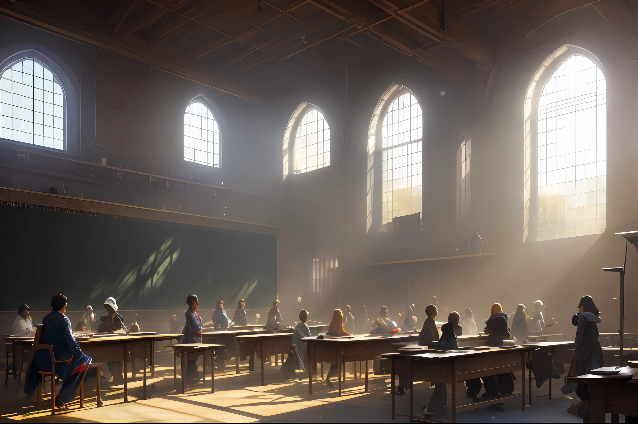 (realistic:1.2), (best quality:1.4), (masterpiece:1.2), (ultra highres:1.2), (photorealistic:1.4), (8k, RAW photo:1.2), professional lighting, photon mapping, radiosity,physically-based rendering, detailed, A classroom full of students in traditional outfits, a chalkboard in the middle, a teacher standing in front of the students, a bright sunny day, students busy with their work, vibrant colors, natural lighting, high detail, by Greg Rutkowski, trending on ArtStation.